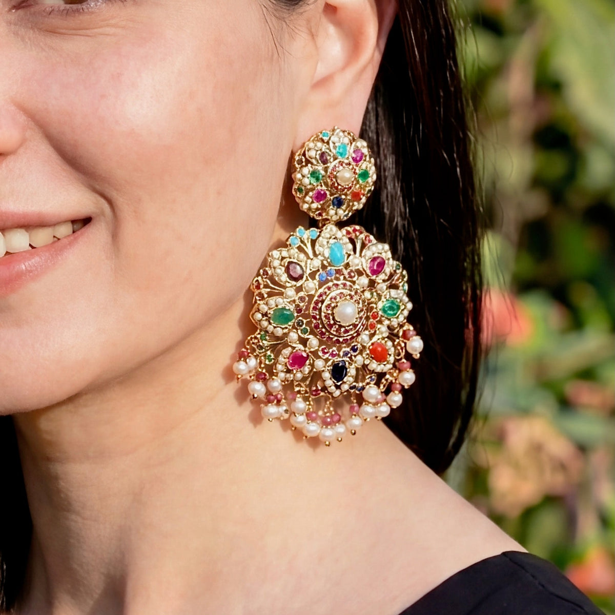 Classic Indian Navaratna Earrings | Long Jadau Danglers | Gold Plated Fashion Jewelry on Silver ER 445