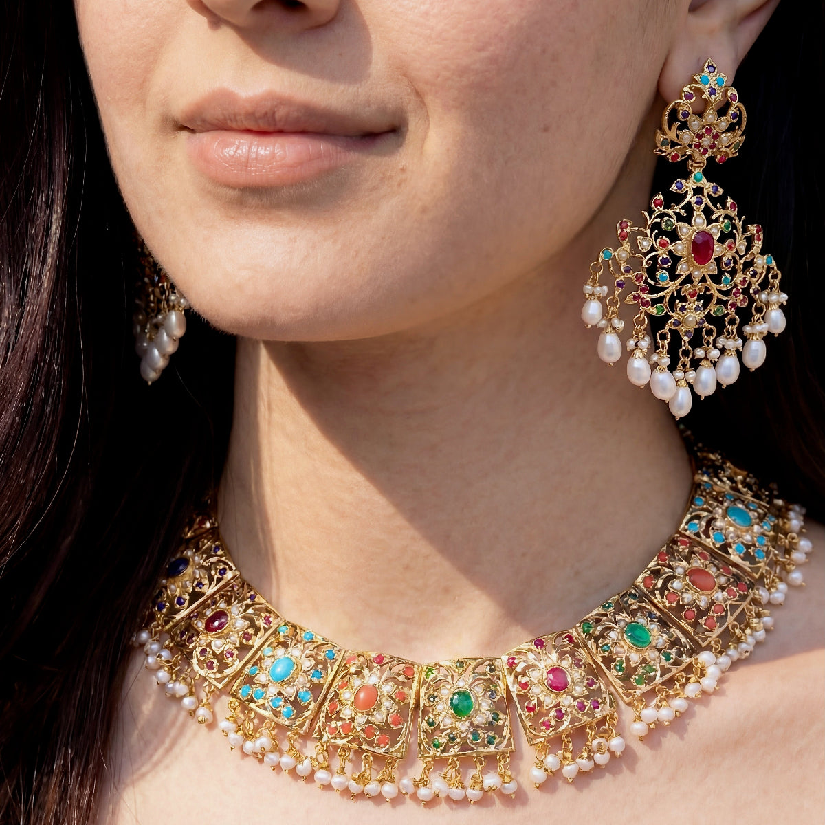 Bridal Navaratna Necklace Set | Indian Jewellery | Statement Earrings NS 295