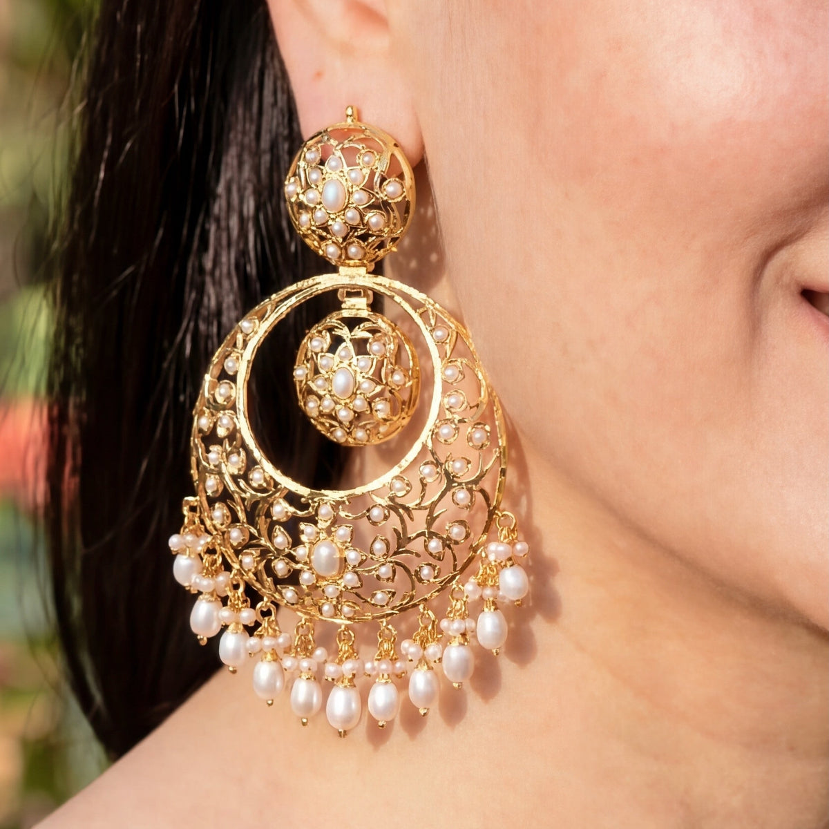 Real Pearls Chandbali Earrings | Large Antique Indian Gold Plated Earrings Online ER 250