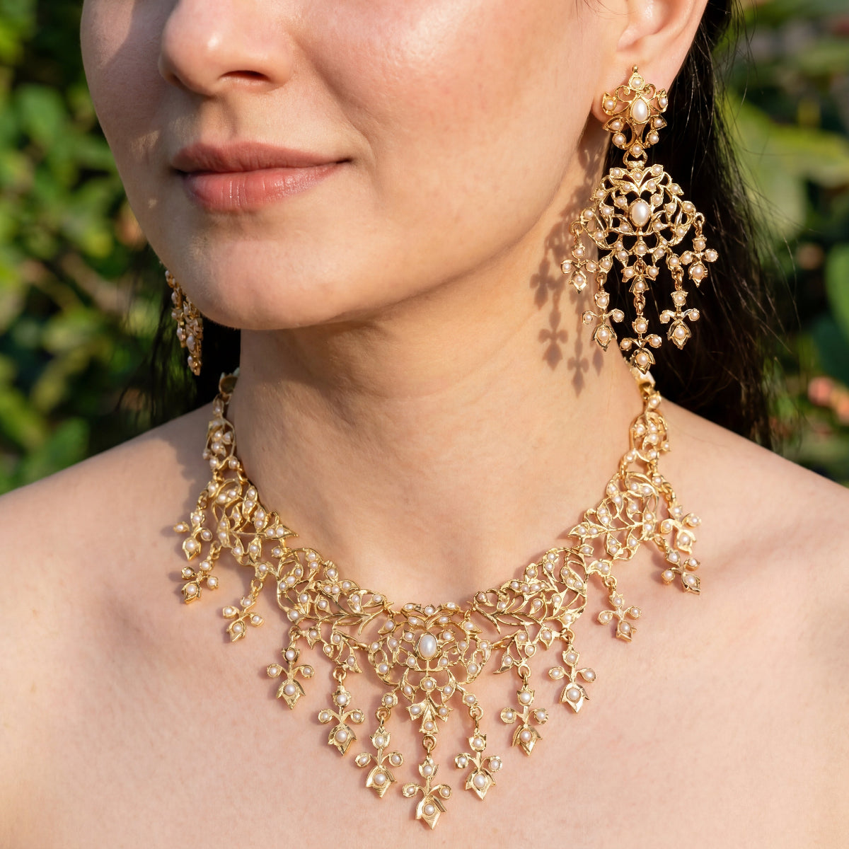 Antique Style Indian Pearl Necklace Set | Gold Polished Sterling Silver NS 093