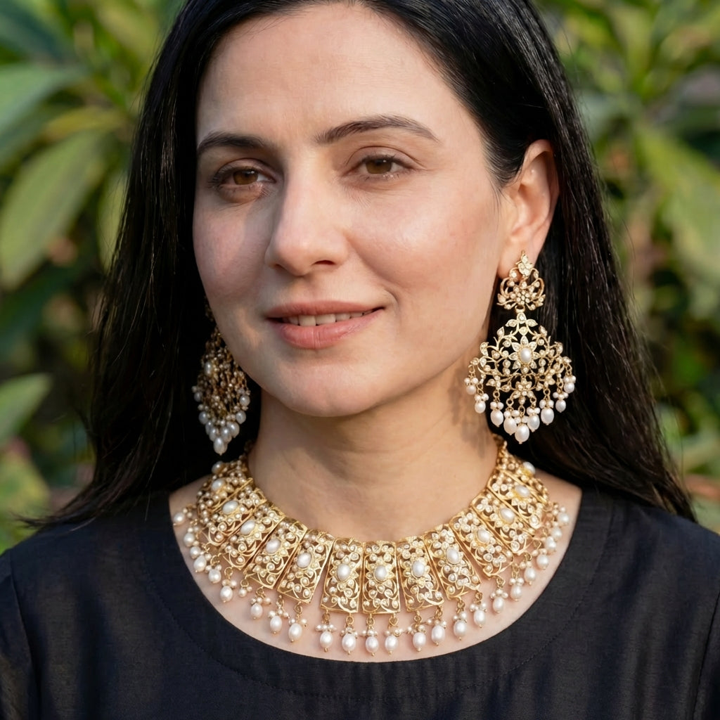 Gold Plated Pearl Guluband Set | Bridal Wear Jewelry | Antique Indian Pearl Jewelry NS 086