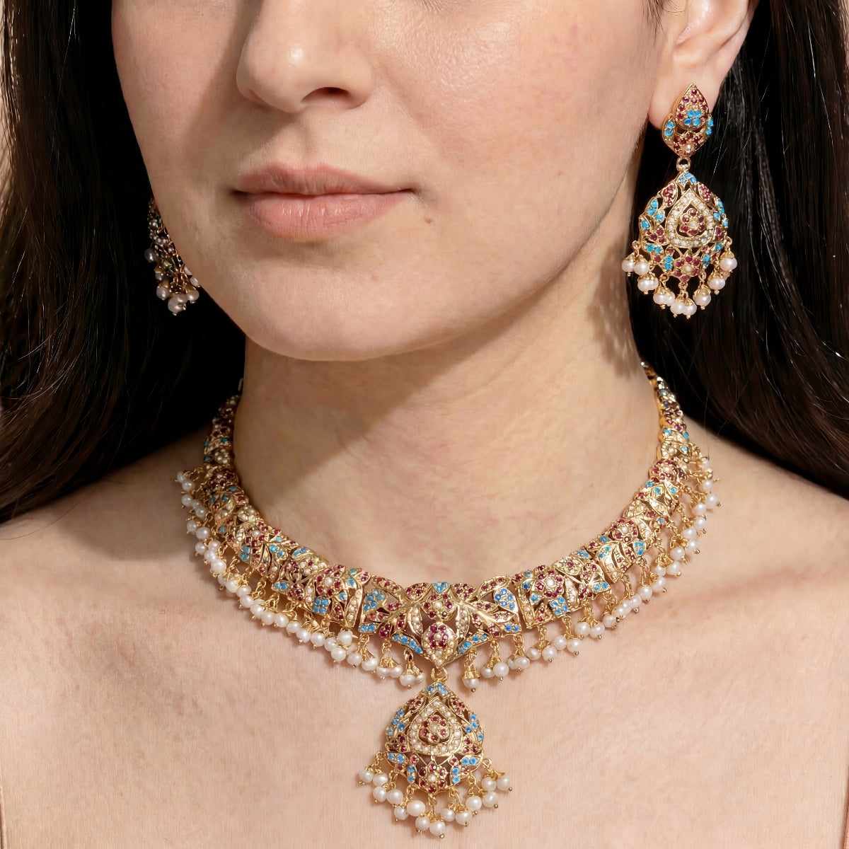 Multi-coloured Jadau Necklace Set | Traditional Rajasthani Design NS 199