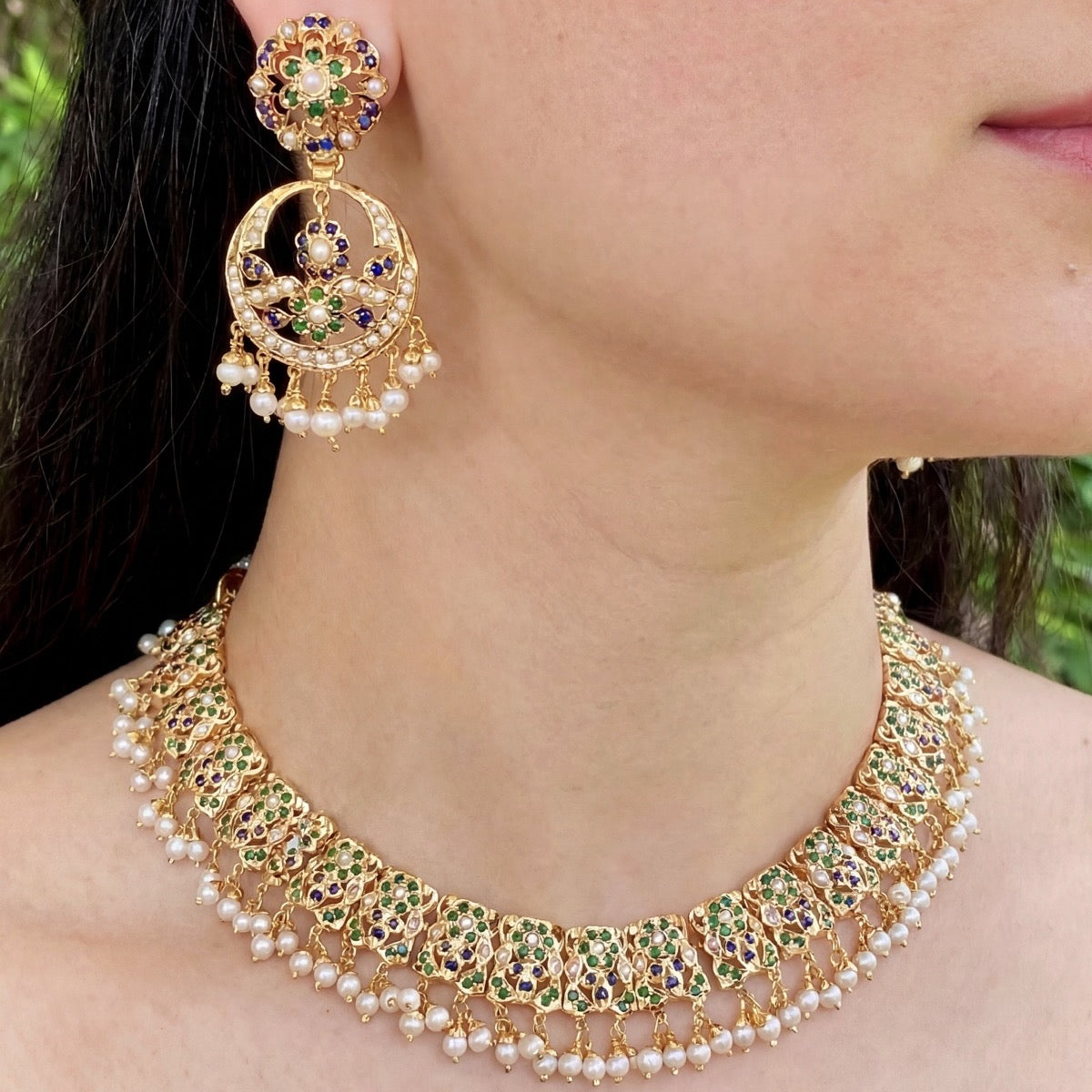 Emerald Sapphire Necklace Set | Buy Jadau Sets Online | Gold Plated NS 185