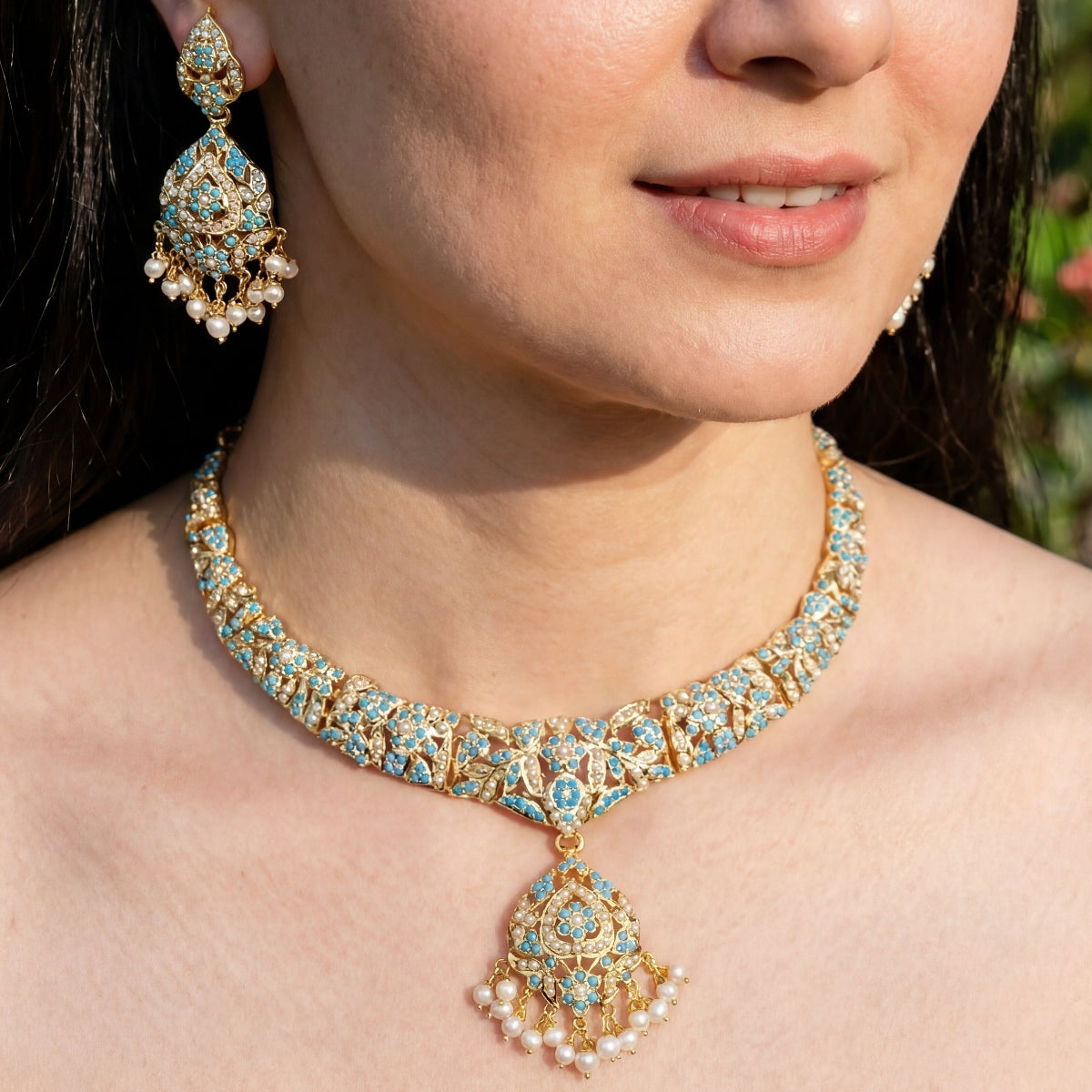 Old World Charm Jewelry | Classic Pearl and Turquoise Set | Gold Plated Silver NS 144