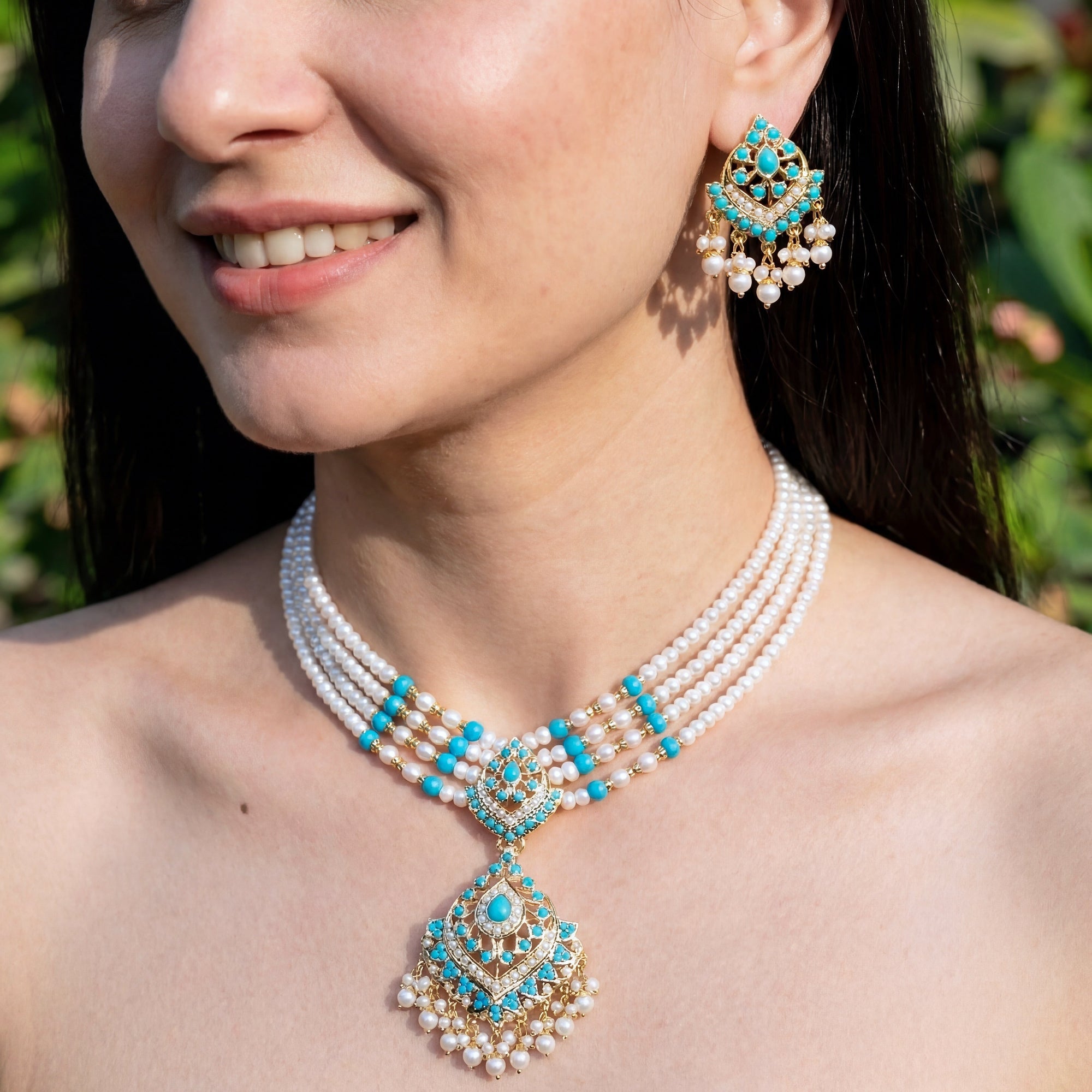 Layered Pearl And Turquoise Necklace Set NS 084