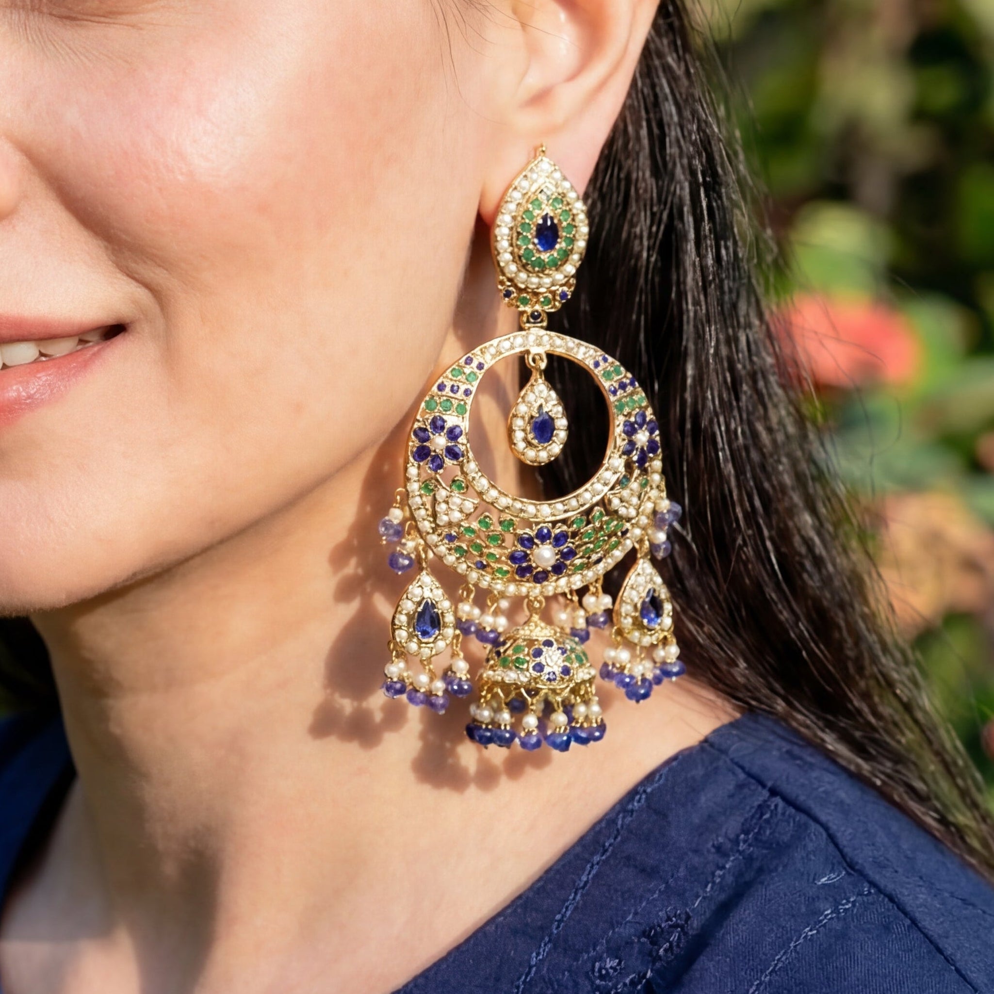 Statement Silver Chandbali Earrings | Blue-Green Stones | Ethnic Indian Earrings ER 128