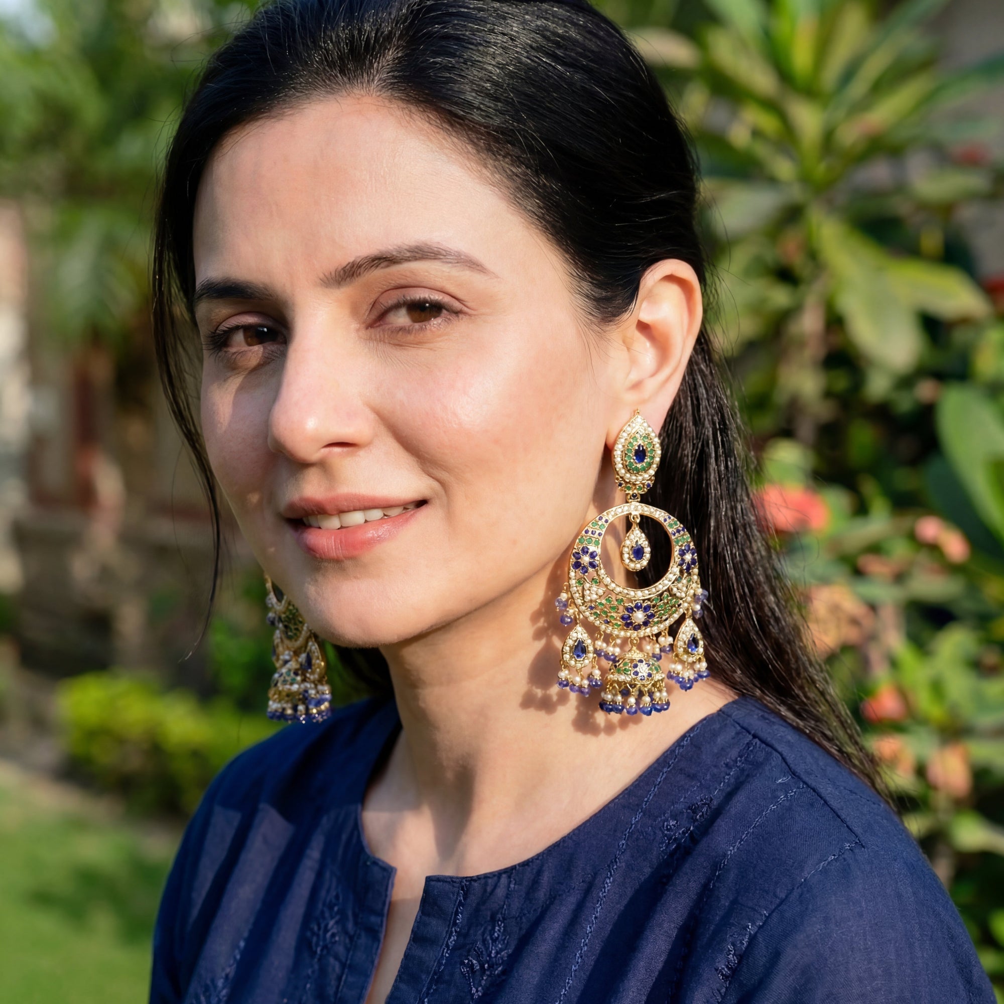 Statement Silver Chandbali Earrings | Blue-Green Stones | Ethnic Indian Earrings ER 128