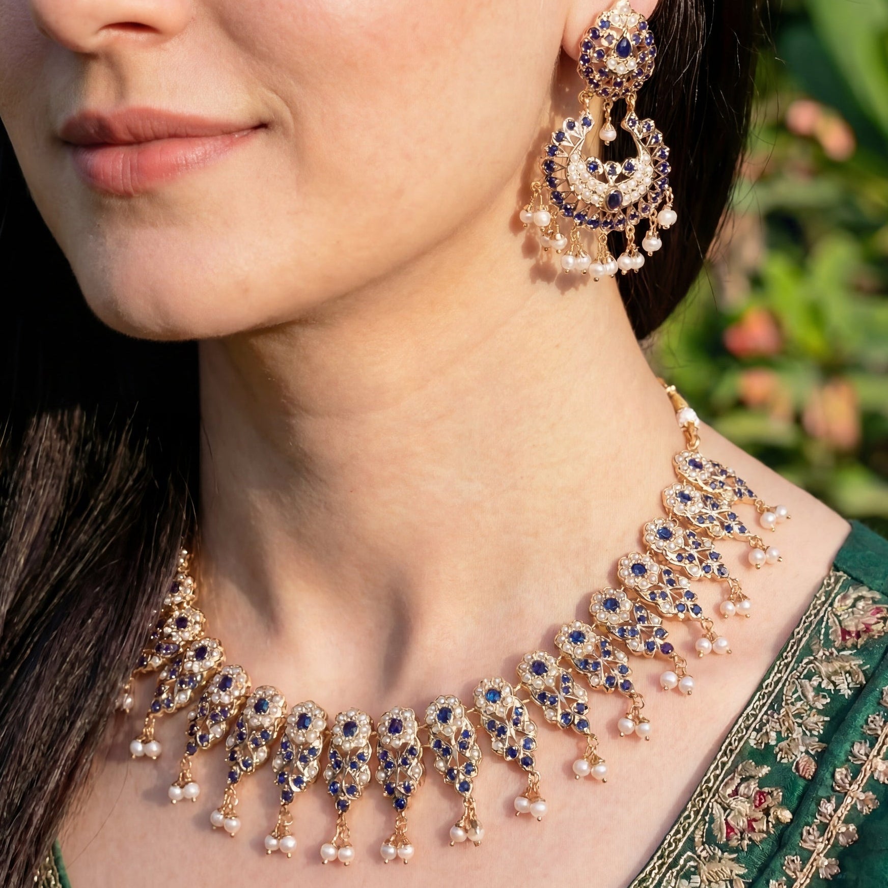 Elegant Sapphire Pearl Necklace with Chandbali Earrings | Sterling Silver Base NS 359