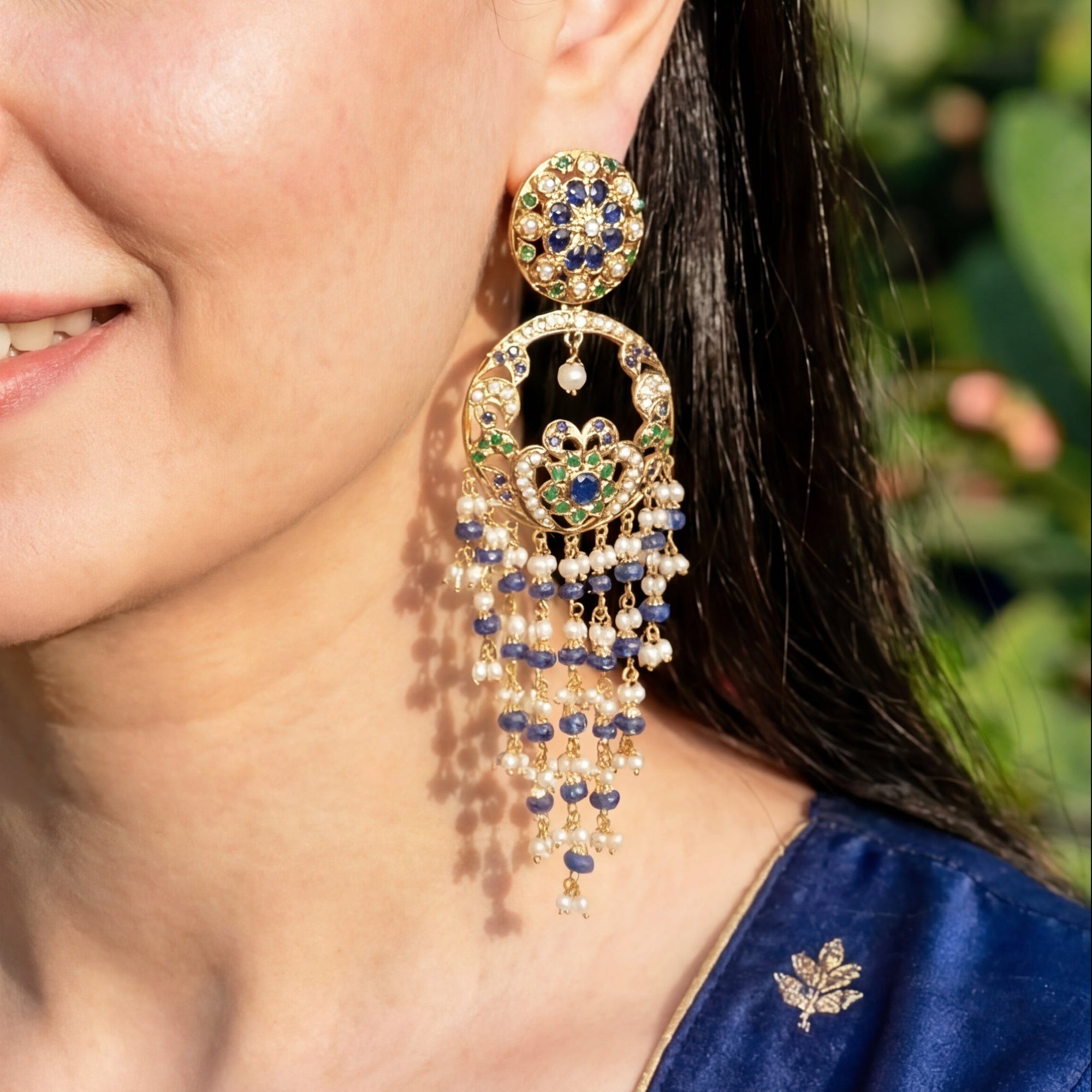 Chandbali Earrings with Long Hanging Beads | Gold Plated Silver Jewelry ER 165