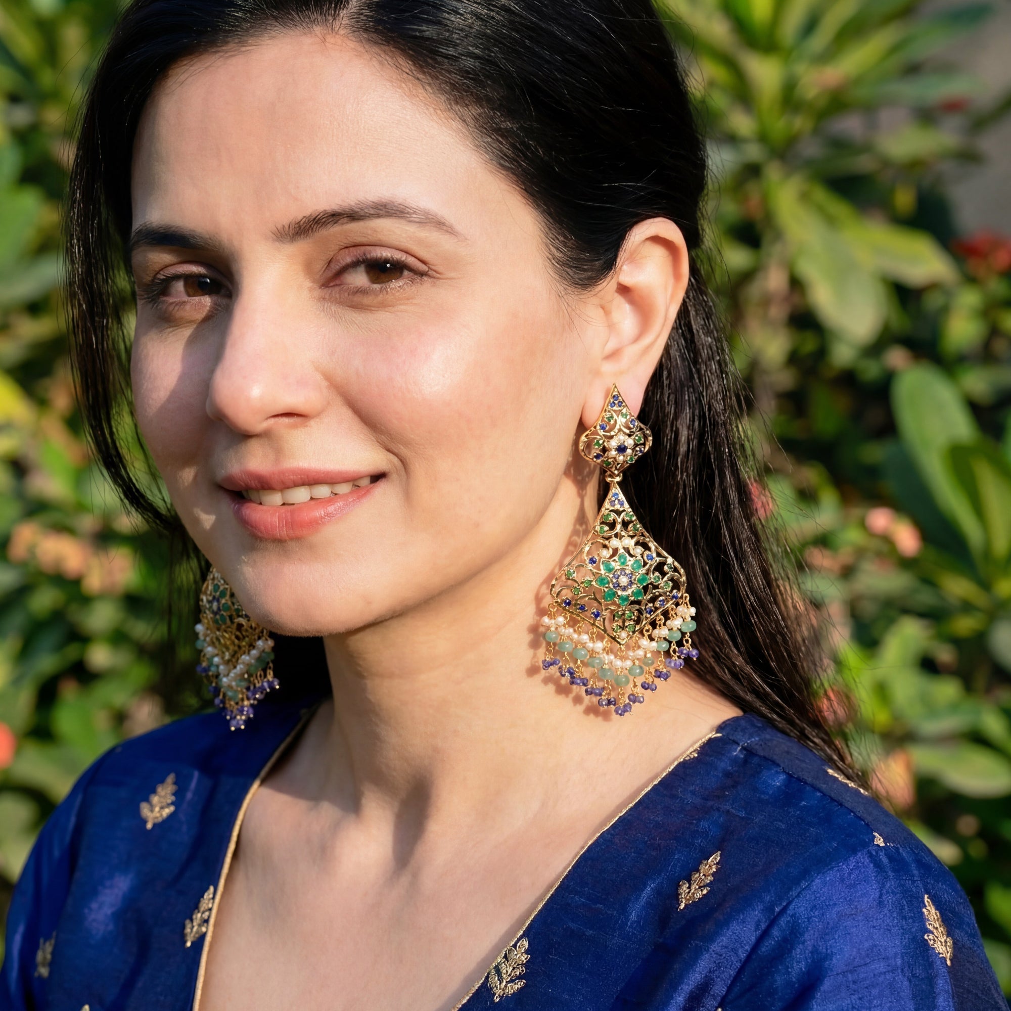 Multicolored Jadau Danglers in Gold Plated Silver ER 274
