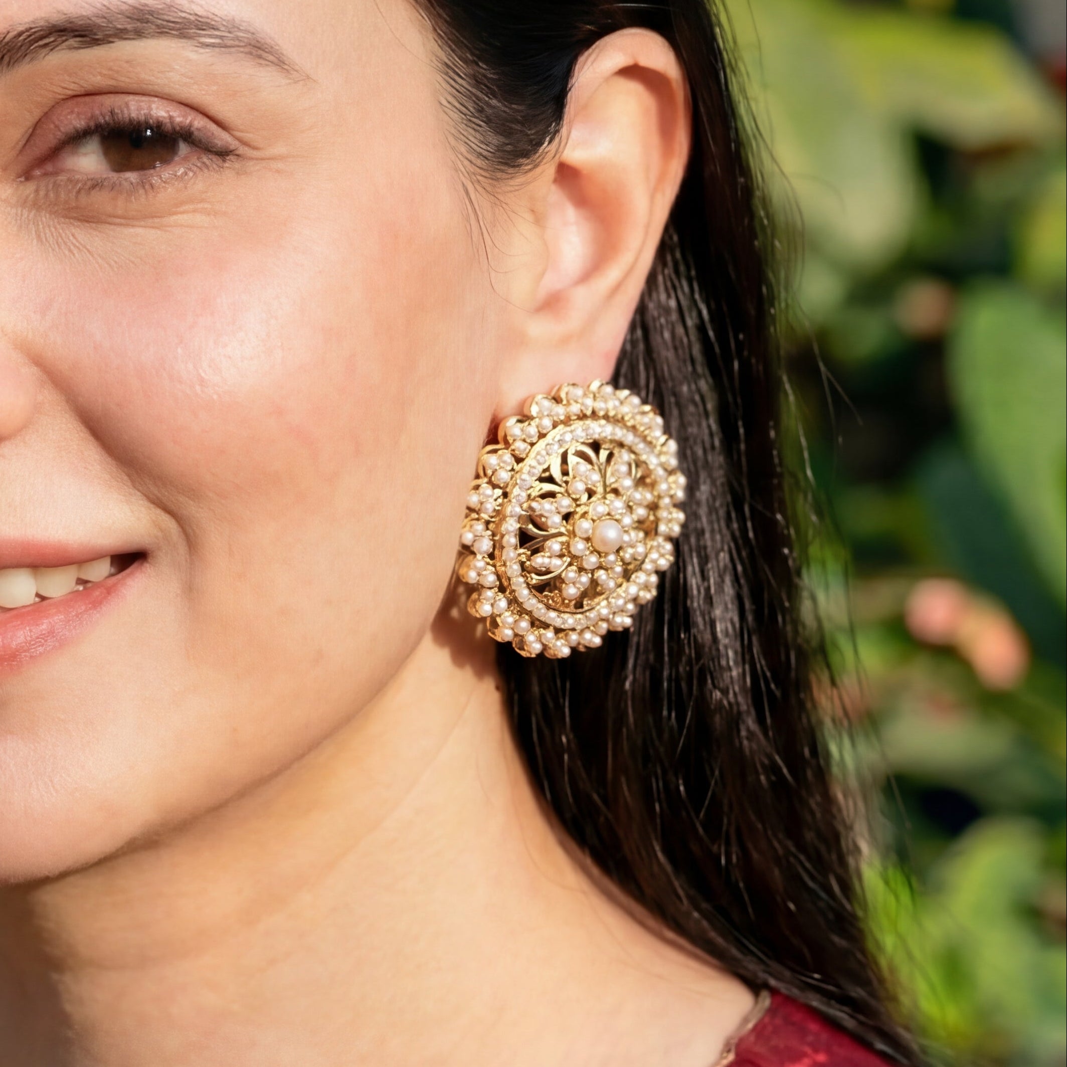 Statement Round Pearl Studs | Fashion Indian Earrings For Women | Silver with Gold Plating ER 063