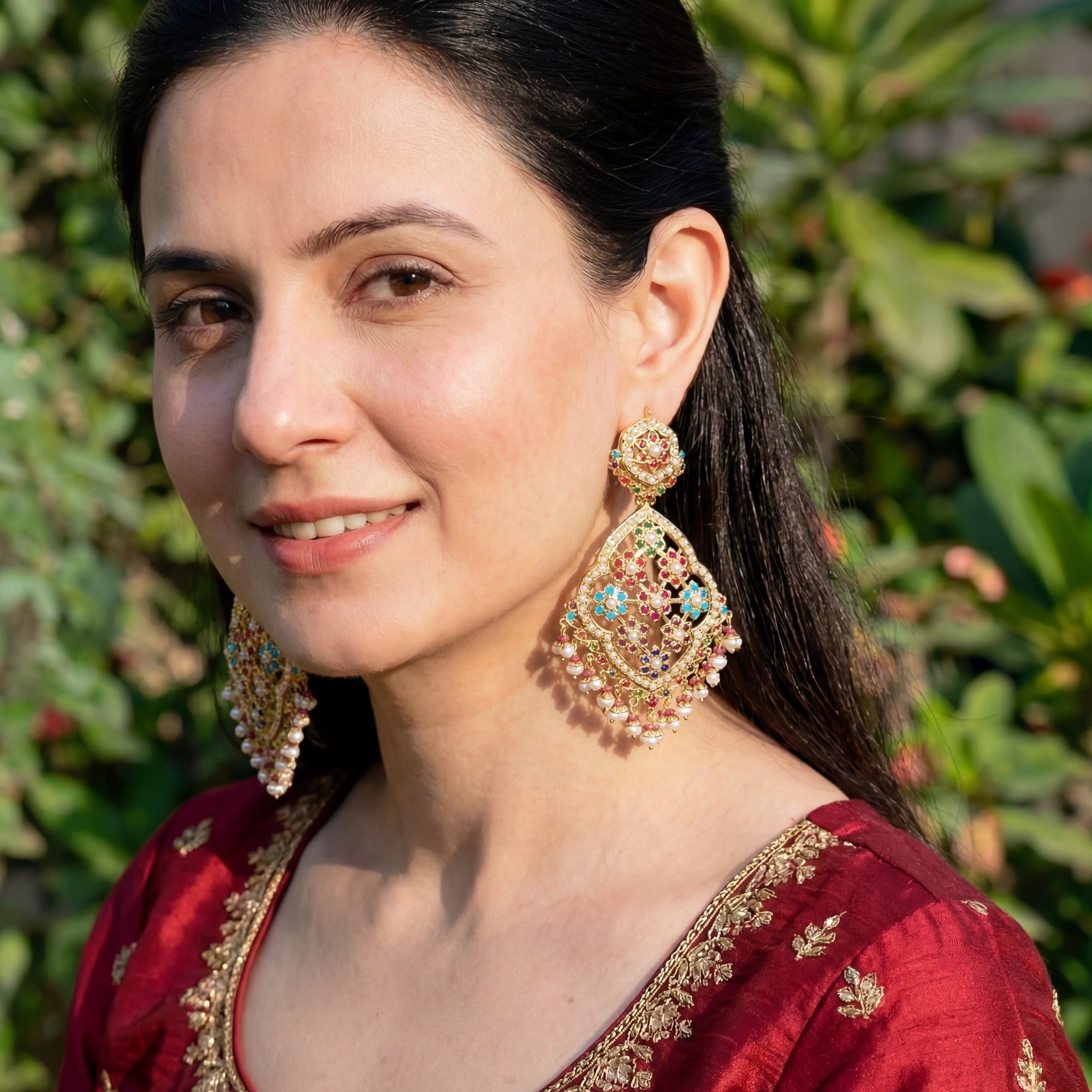 Long Navaratan Jadau Earrings on Silver | Statement Indian Danglers ER 127
