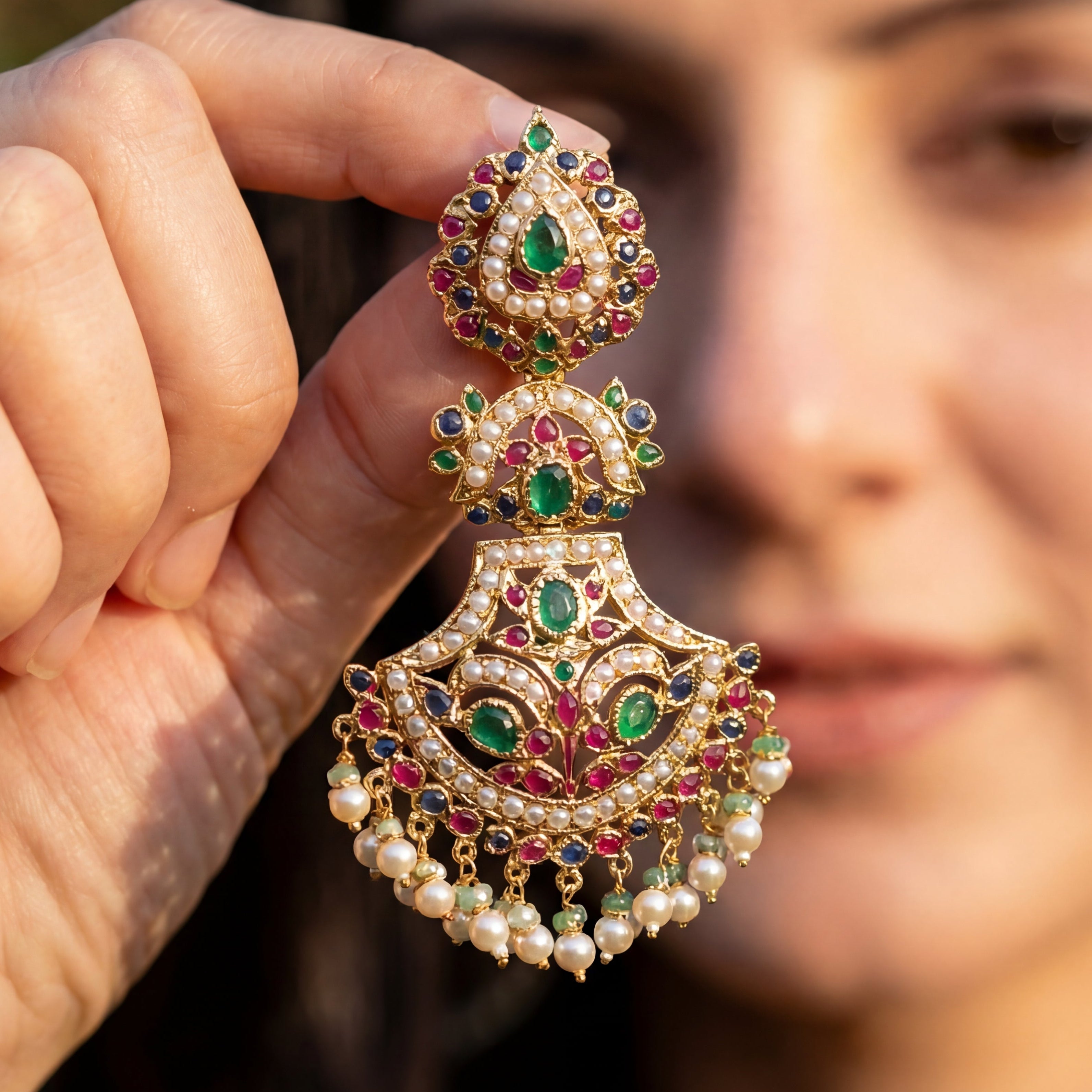Multicolored Jadau Danglers | Gold Plated on Sterling Silver Base ER 477
