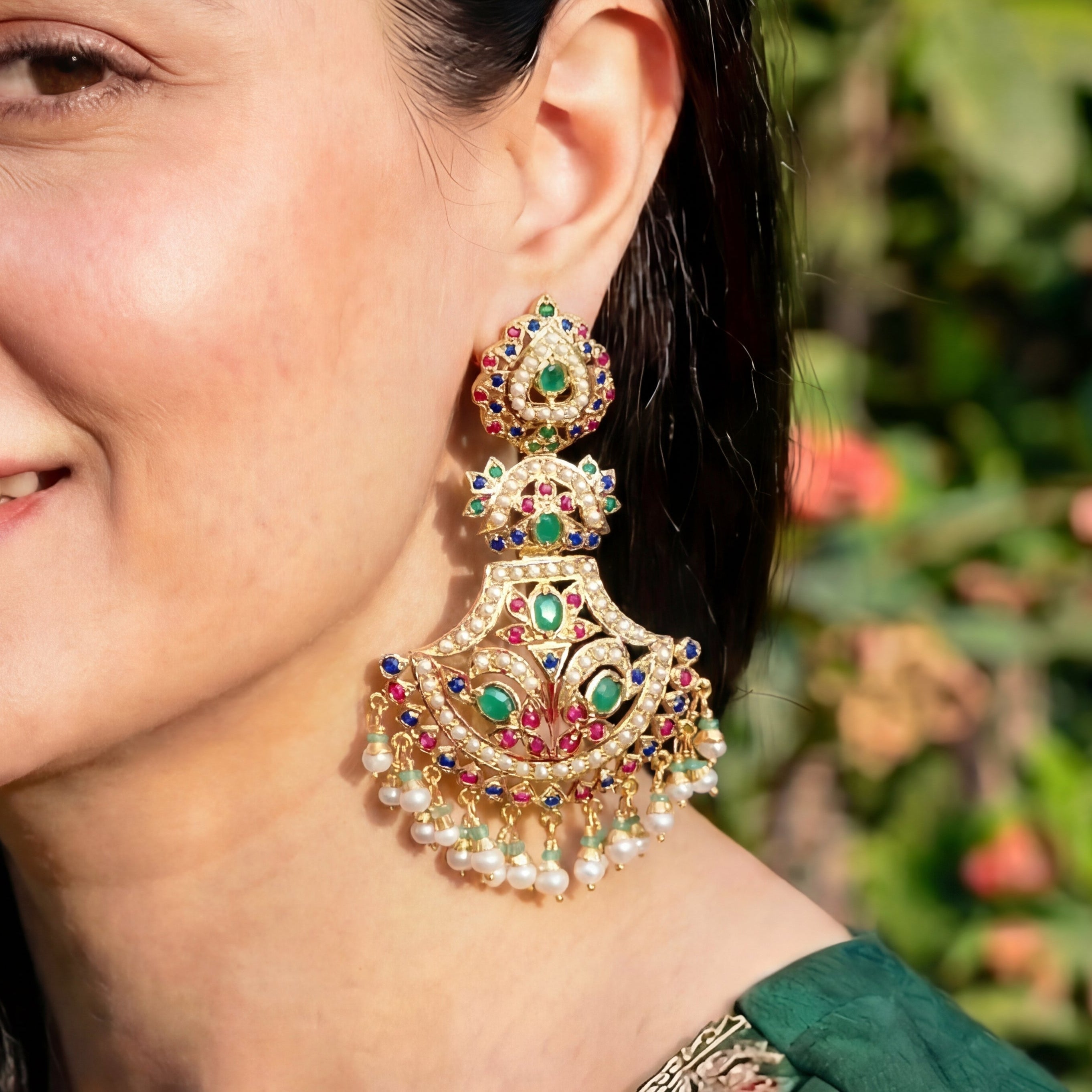 Multicolored Jadau Danglers | Gold Plated on Sterling Silver Base ER 477