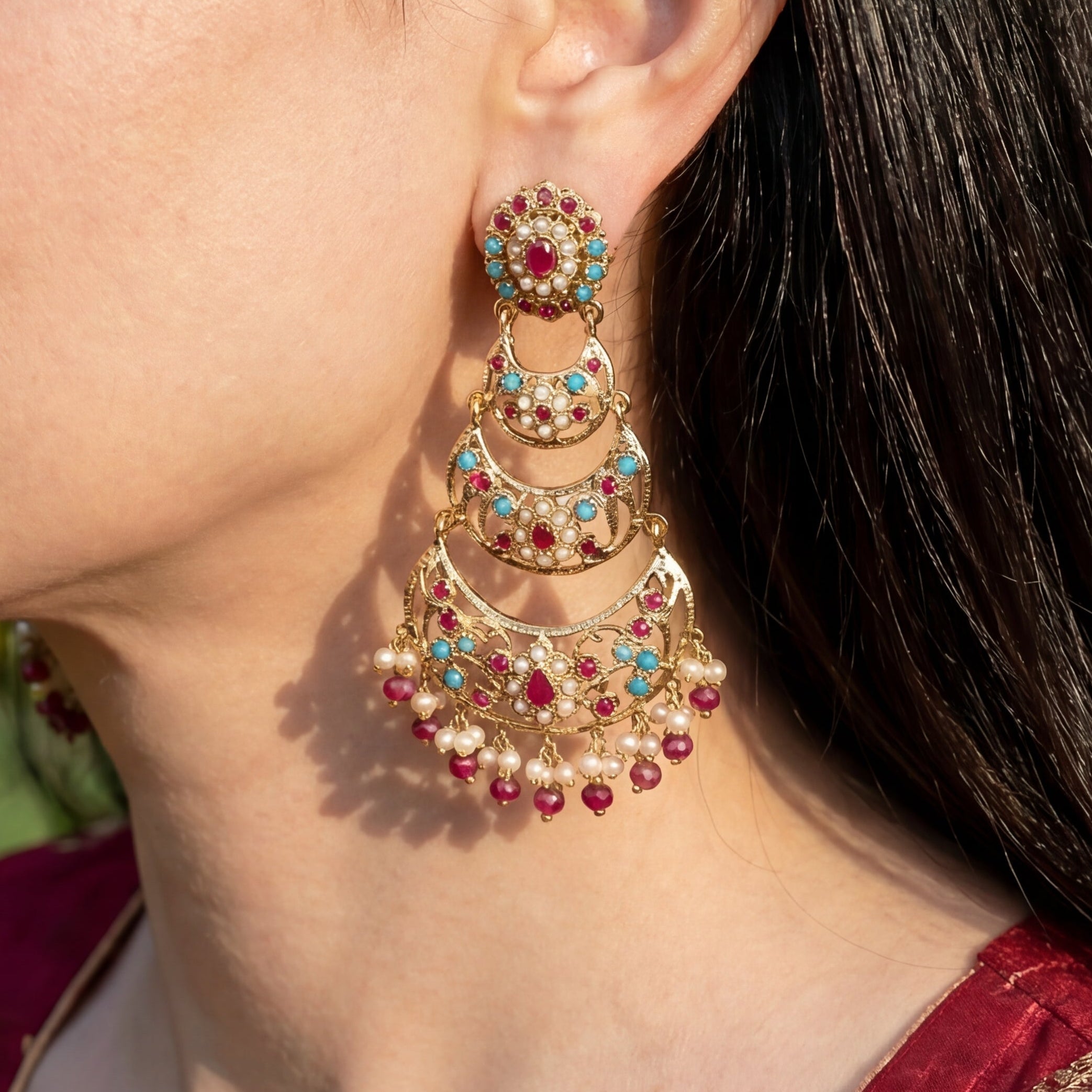 Ethnic Gold Plated Danglers | Ruby Pearl & Feroza | Jadau Earrings ER 324