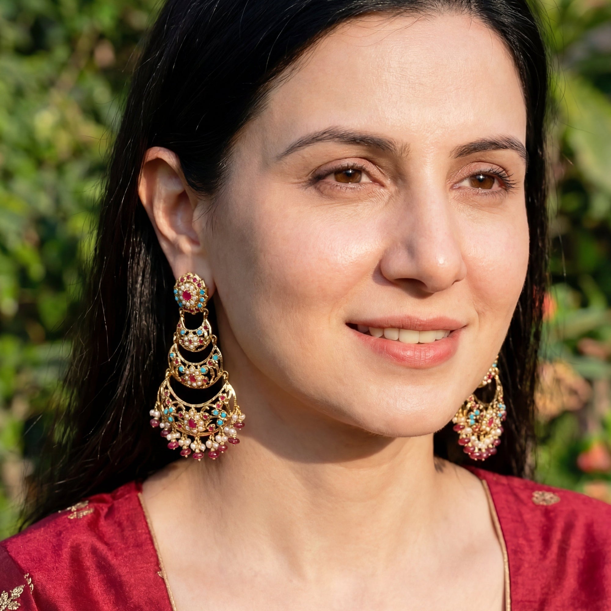 Ethnic Gold Plated Danglers | Ruby Pearl & Feroza | Jadau Earrings ER 324