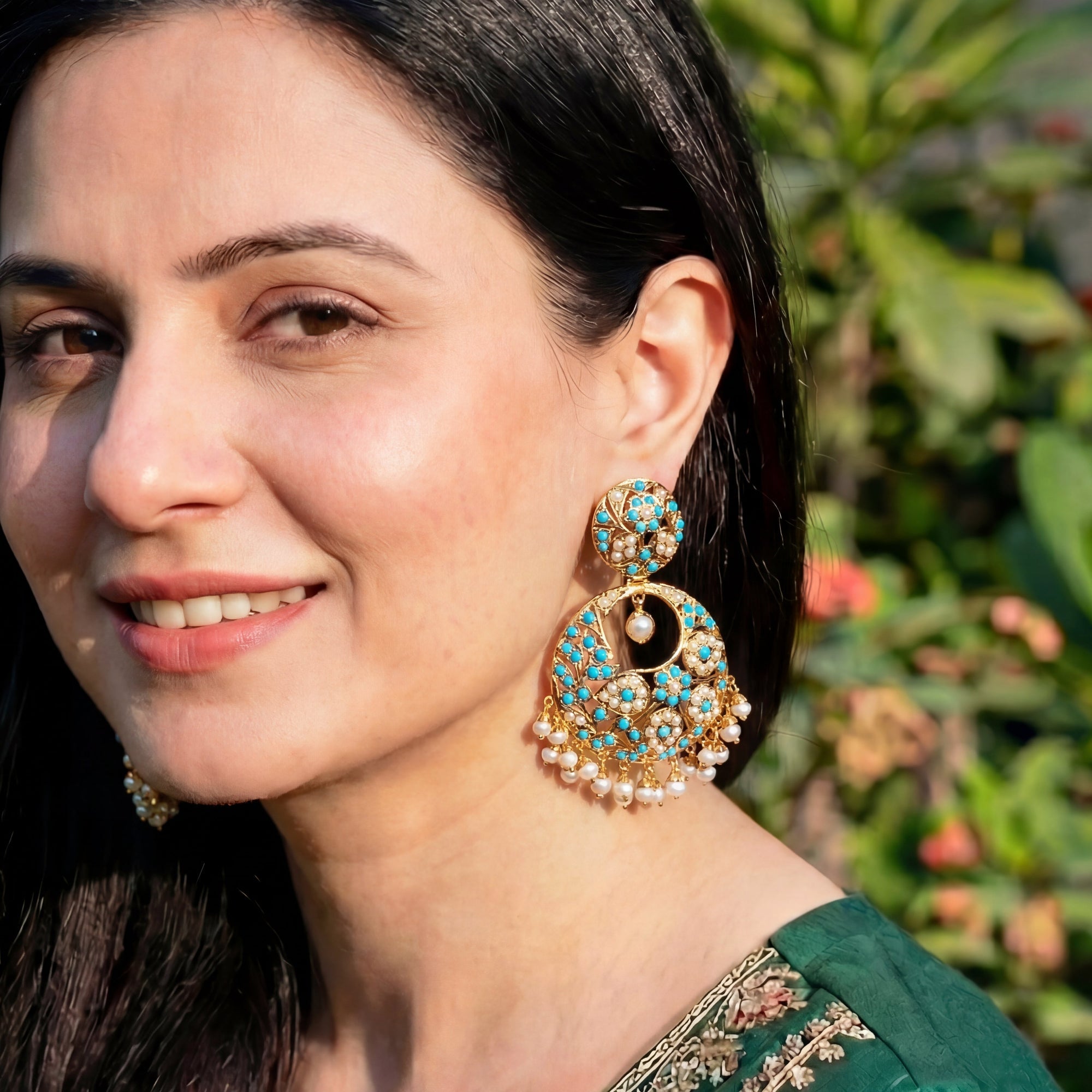 Punjabi Feroza Chandbali Earrings | Large Indian Danglers on 925 Silver ER 101