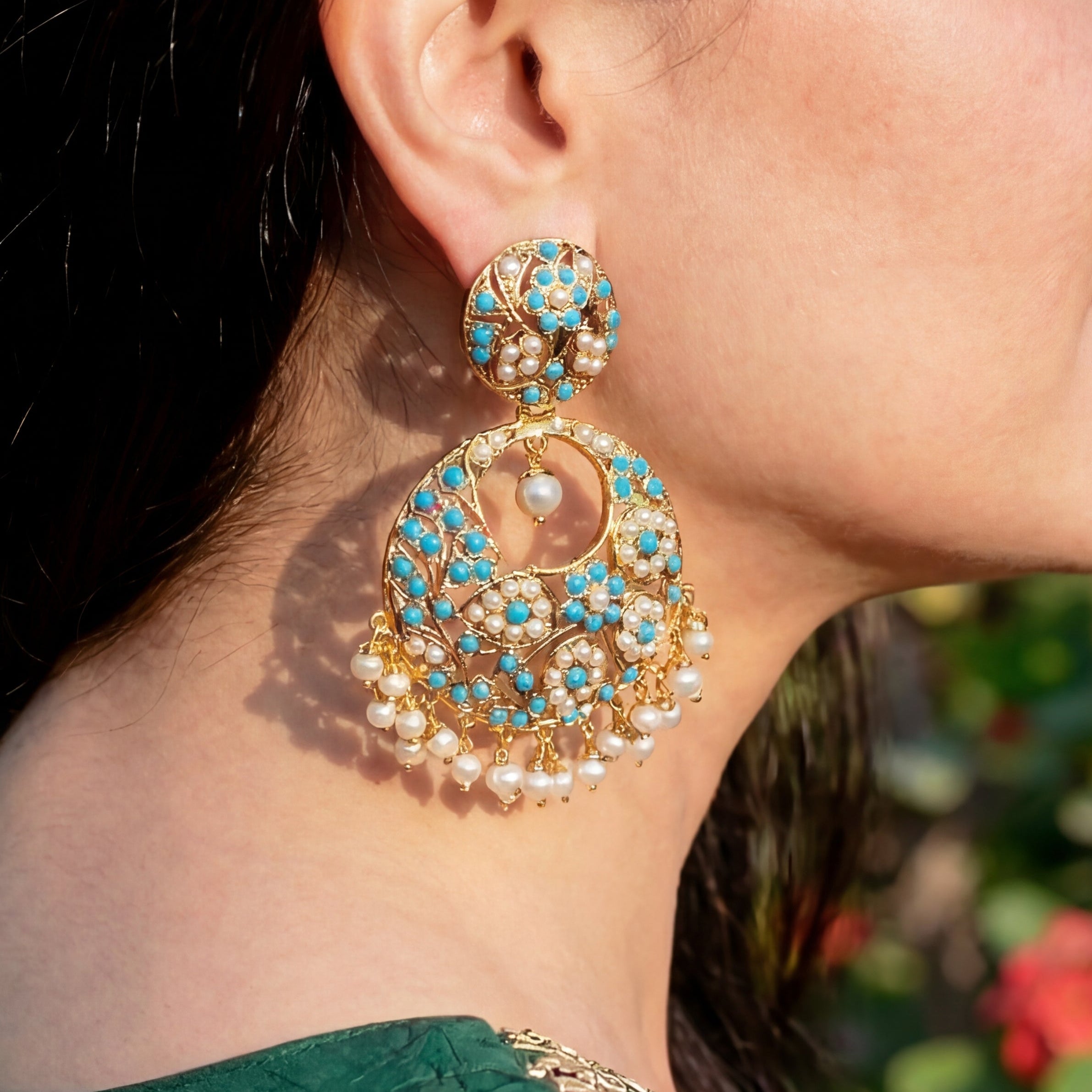 Punjabi Feroza Chandbali Earrings | Large Indian Danglers on 925 Silver ER 101