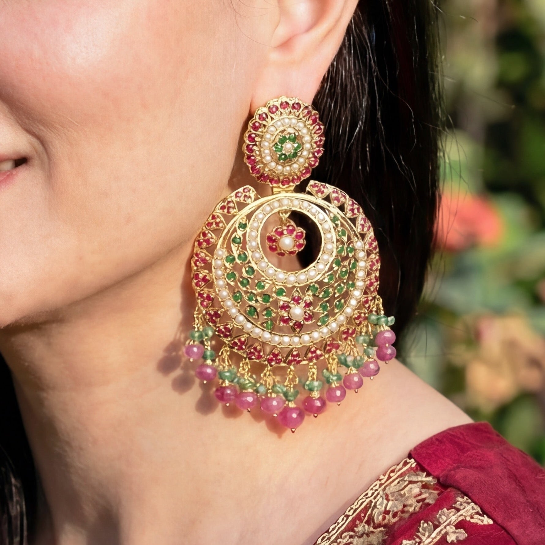 Gold Plated Ruby Emerald Pearl Chandbali Earrings ER 193