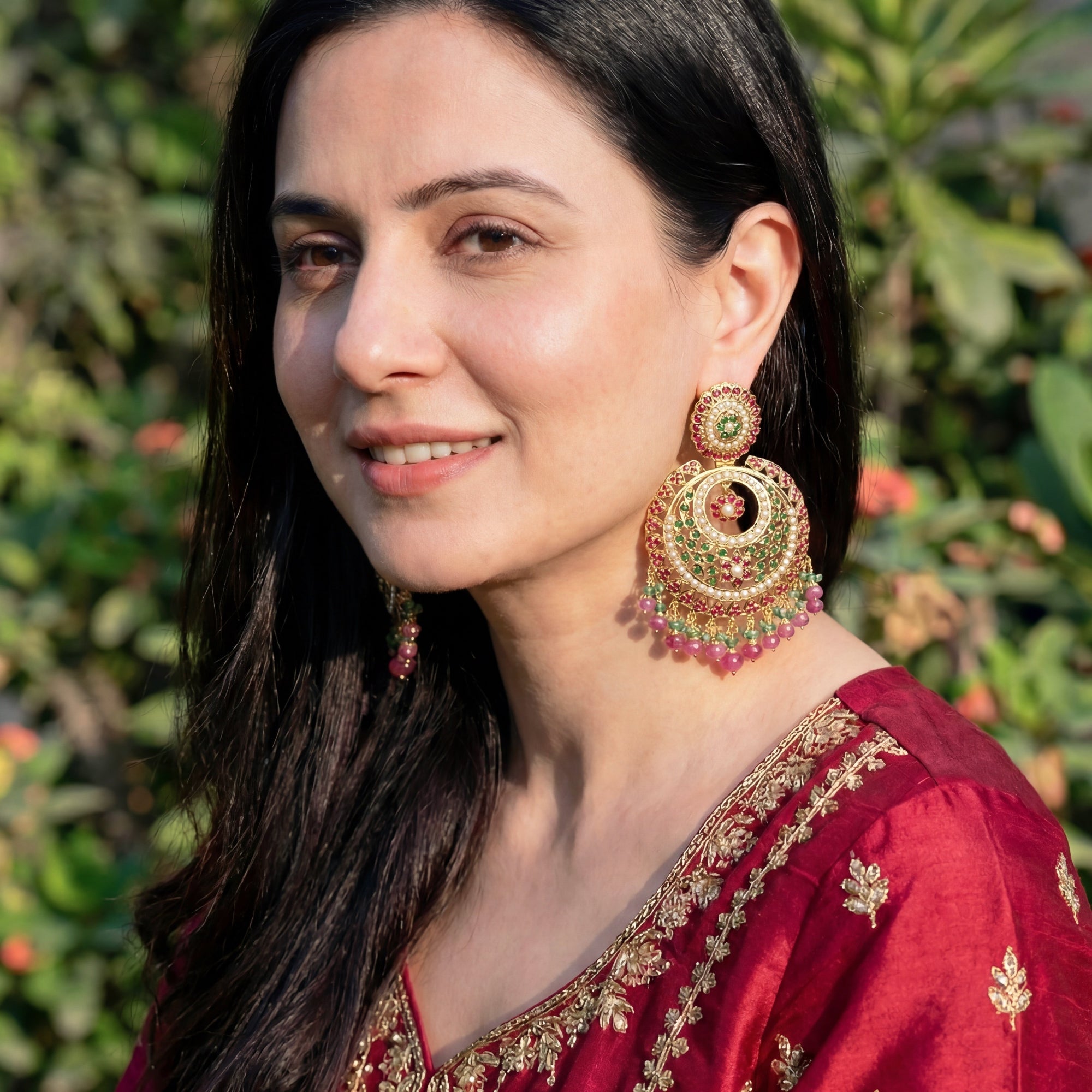 Gold Plated Ruby Emerald Pearl Chandbali Earrings ER 193