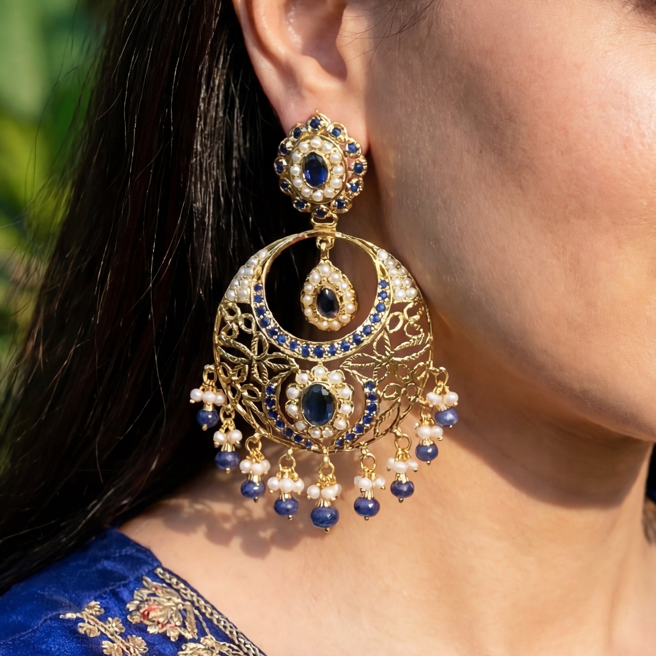 Pearl Sapphire Color Stones | Jadau Chandbali Earrings | Gold Plated Silver ER 112