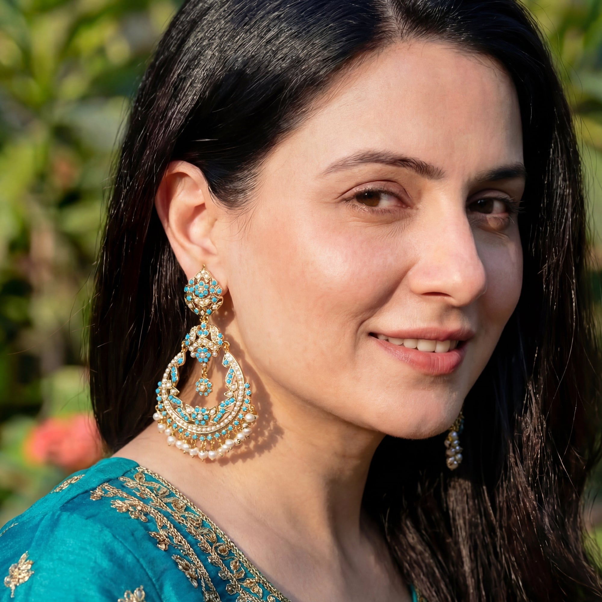 Long Feroza Chandbali Earrings | Antique Style Design | Gold Plated Jewelry For Women ER 053