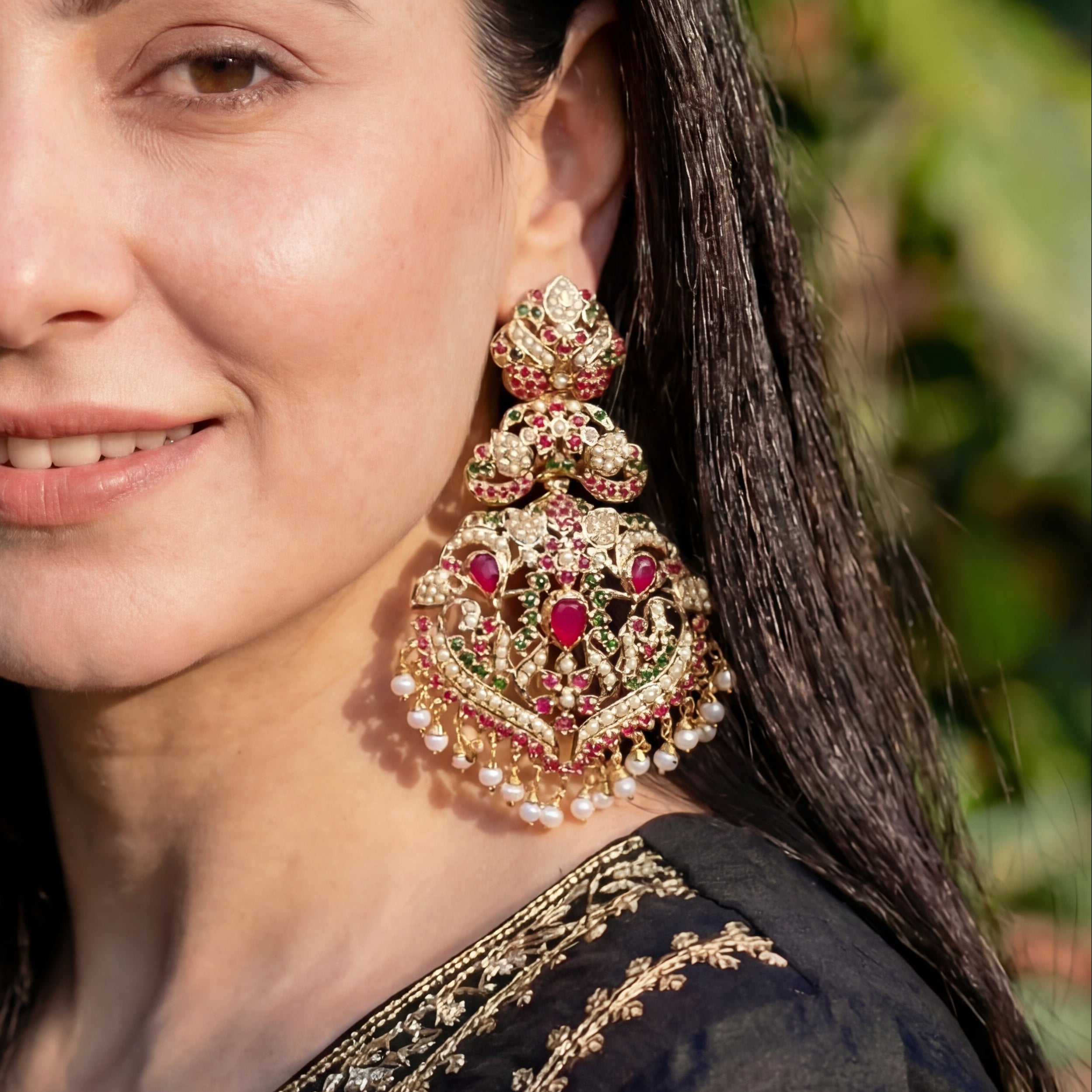 Statement Indian Silver Earrings | Traditional Jadau Jewellery | Long Earrings ER 440