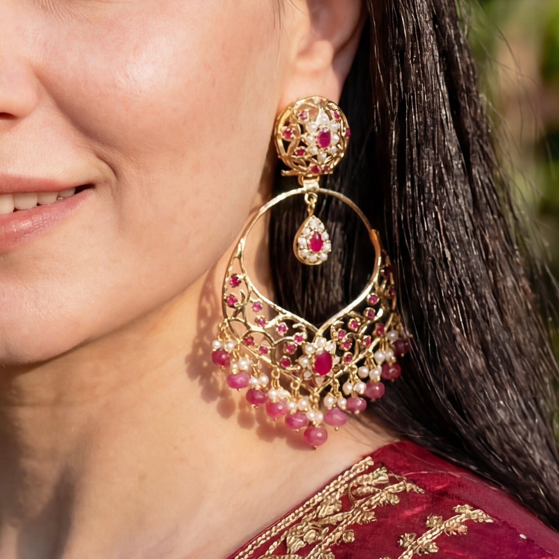 Beautiful Ruby-Red Chand Bali | Shop Indian Jadau Jewelry Online in USA | Silver Earrings ER 106
