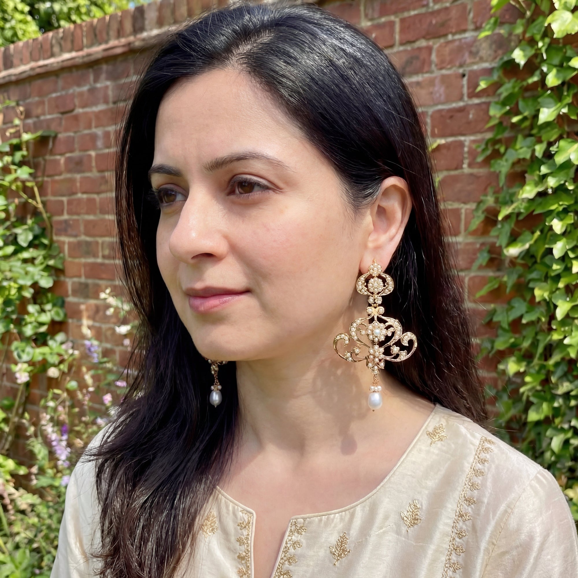 Antique Design Gold Plated Pearl Earrings | Freshwater Seed Pearl Jewellery ER 382