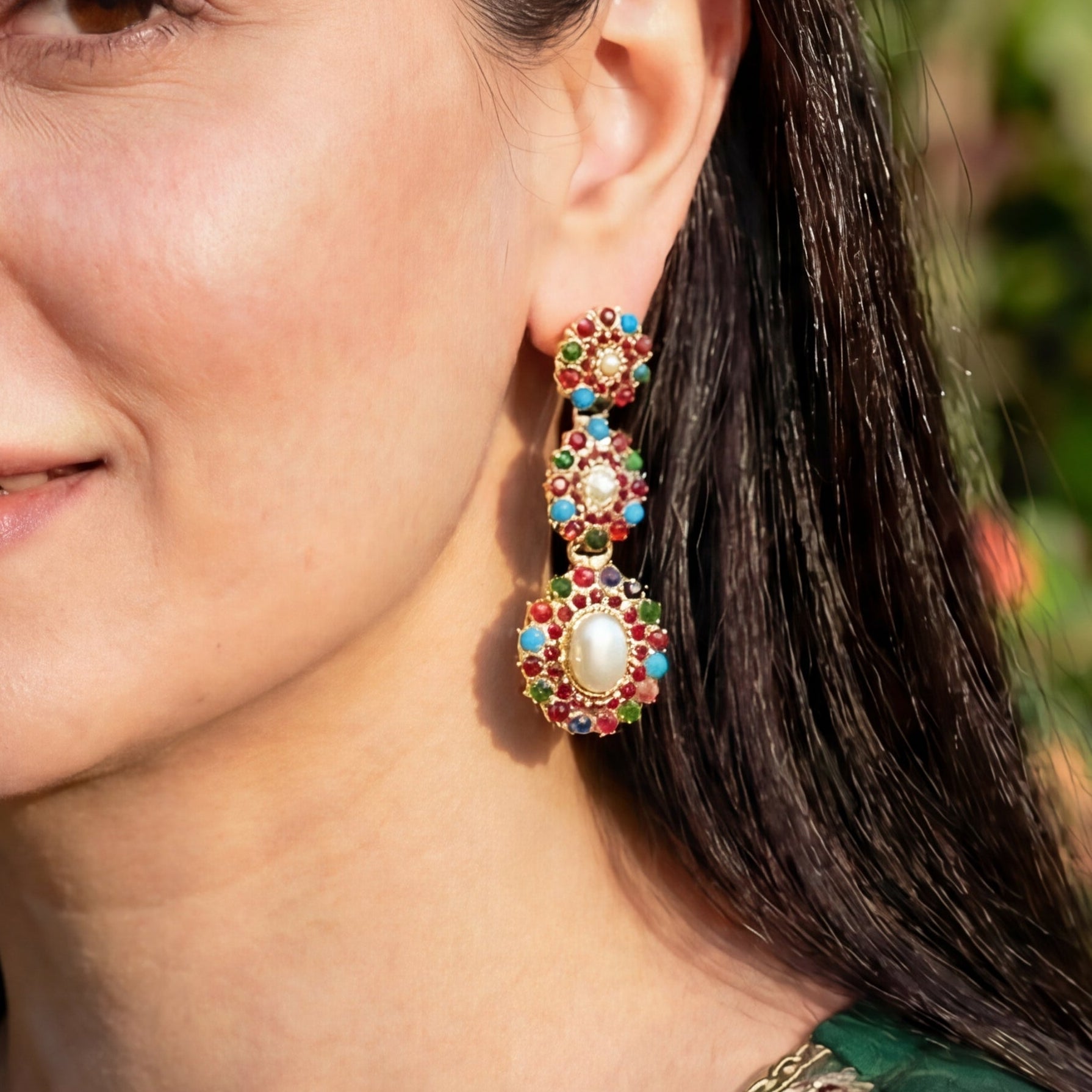 Navaratna Jadau Earrings on Silver | Karachi Style Stone Setting ER 151