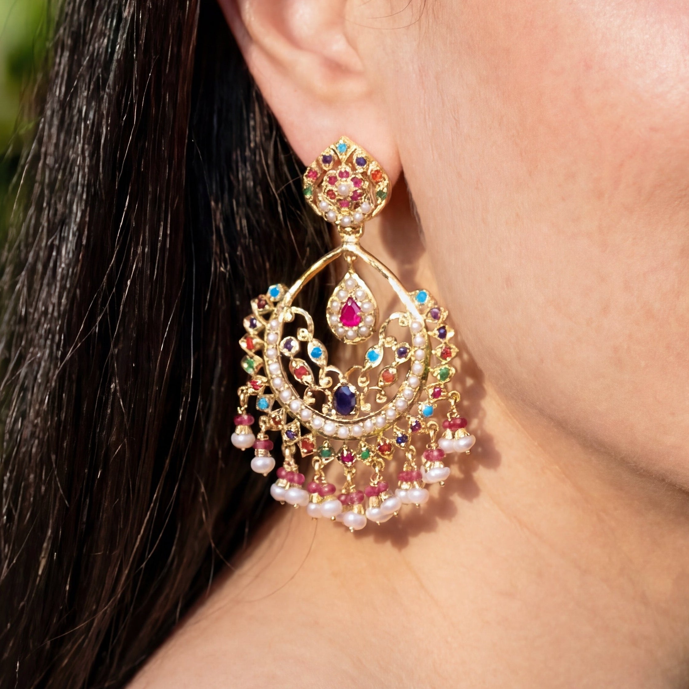 Indian Navaratna Jewellery | Drop Shaped Silver Chandbali Earrings ER 259