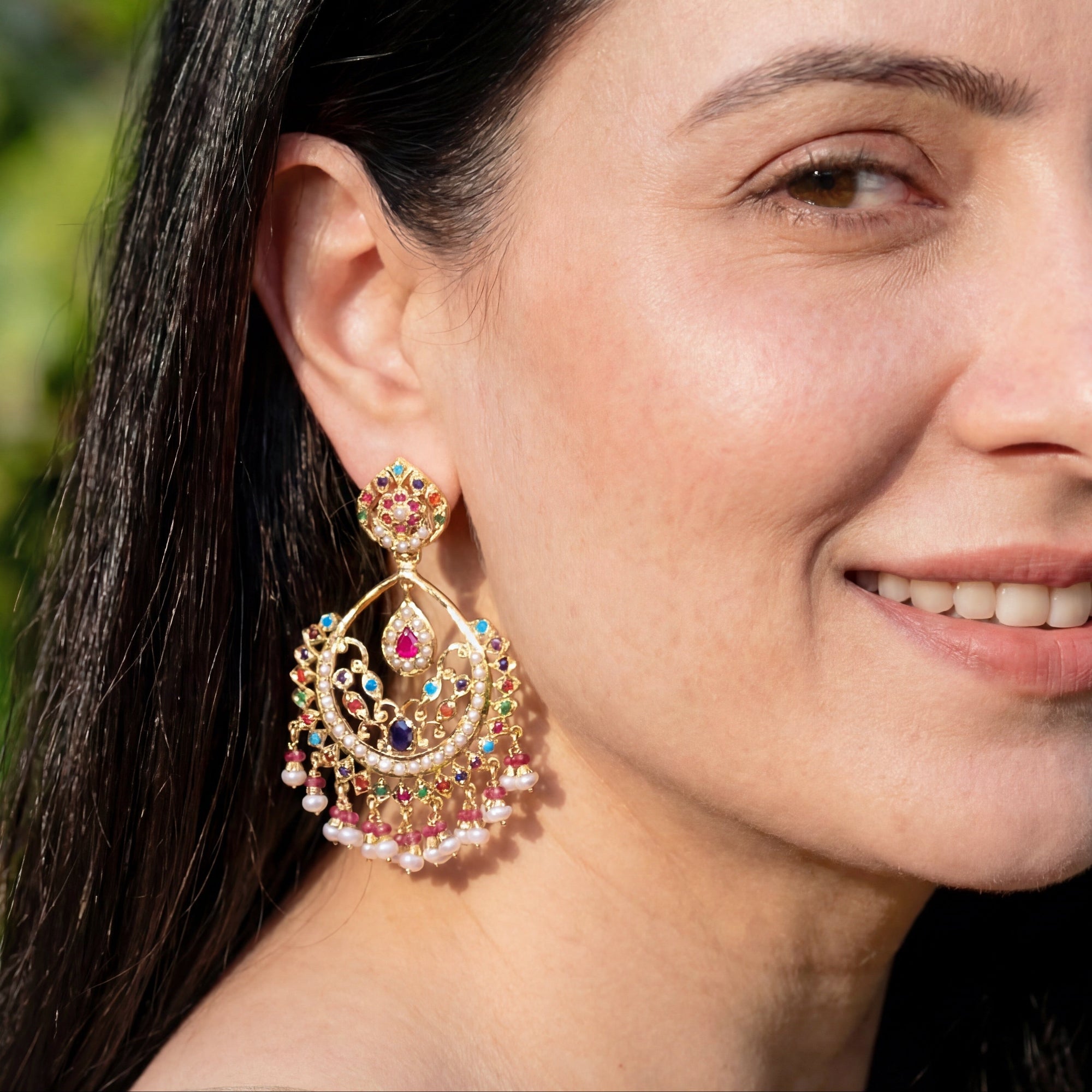Indian Navaratna Jewellery | Drop Shaped Silver Chandbali Earrings ER 259