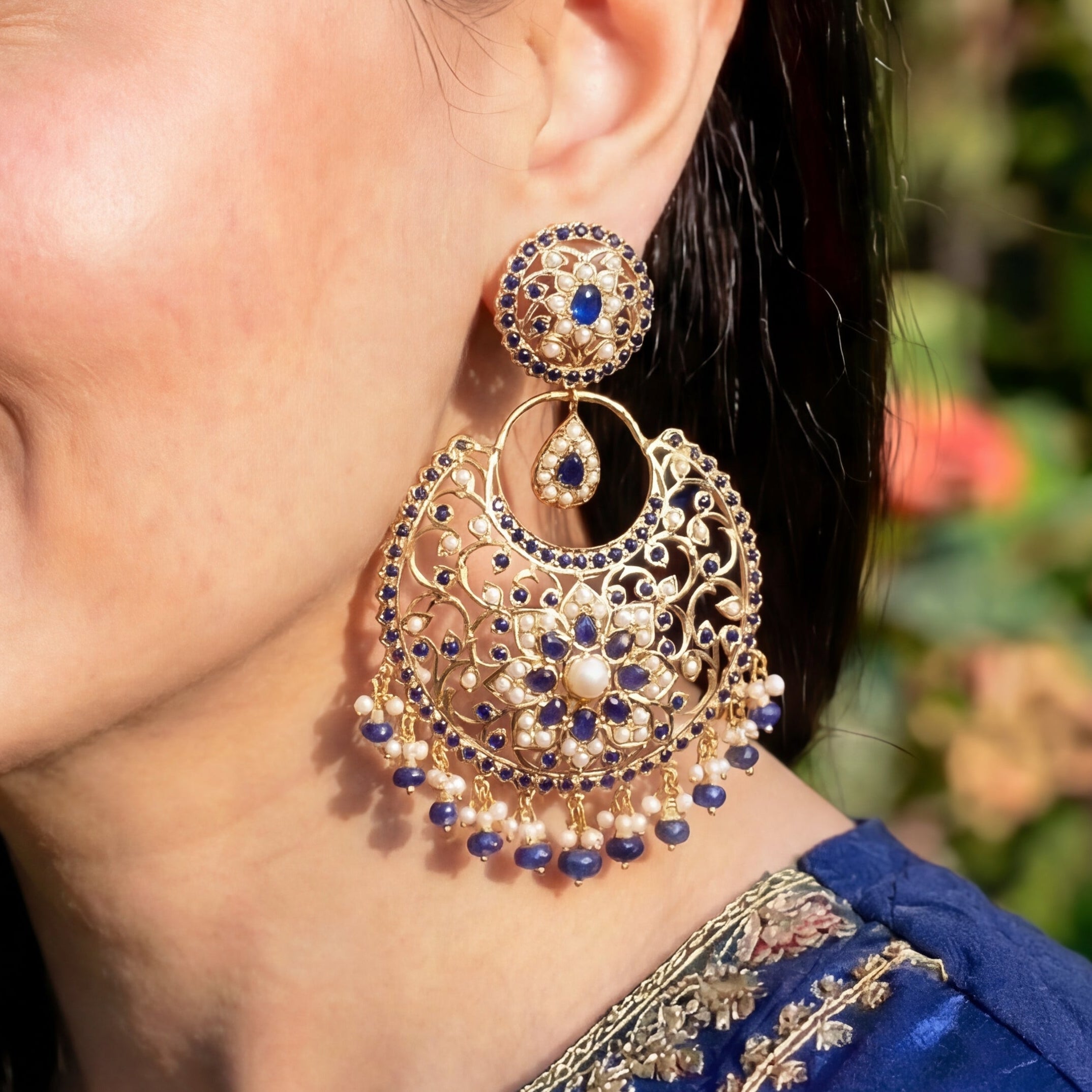 Magnificient Blue Sapphire Chandbalis | Gold Plated ER 557