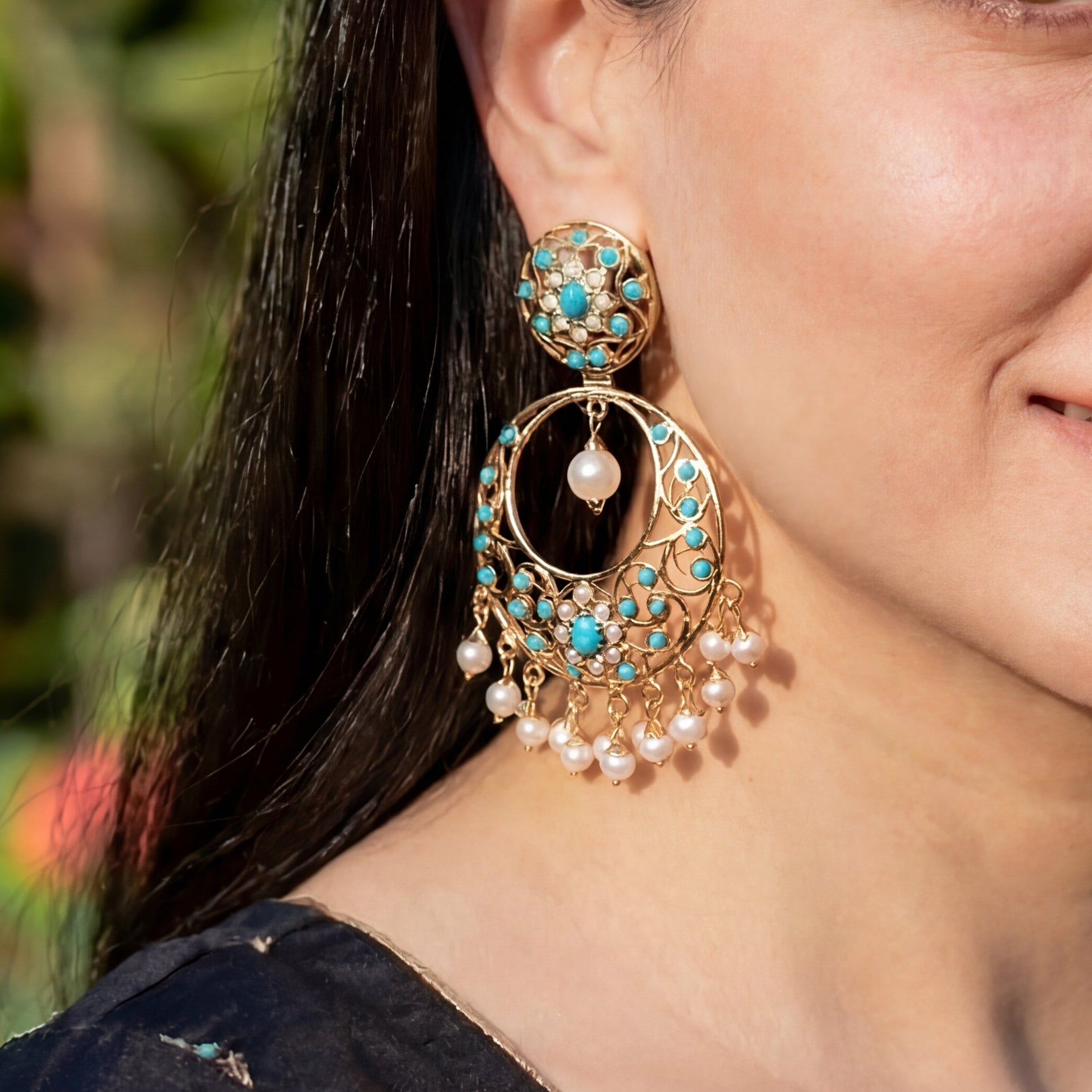 Hyderabadi Turquoise Chandbali Earrings | Sterling Silver Based ER 448