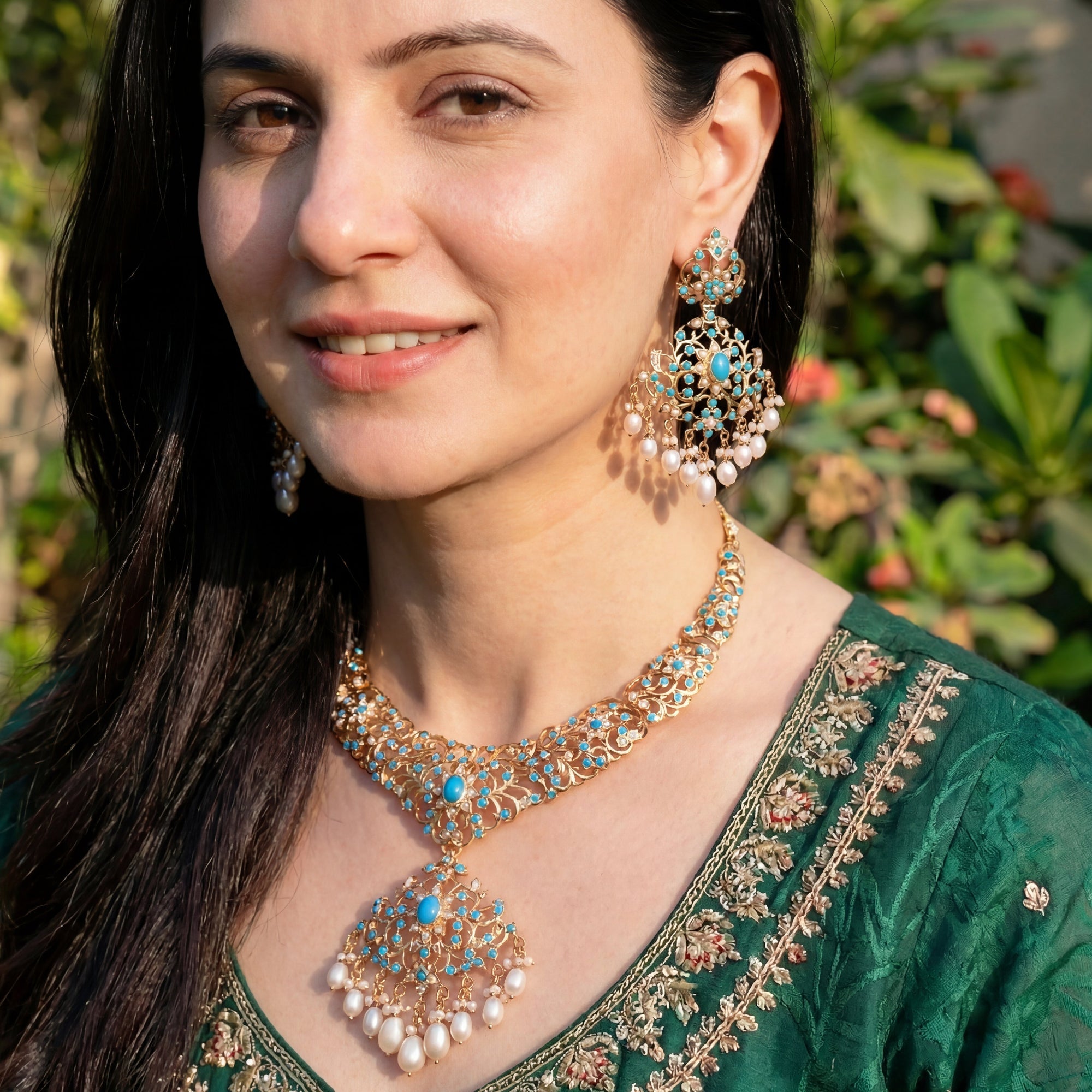 Turquoise Necklace Set | Gold Plated on Silver | Handmade Indian Jewelry Online NS 399