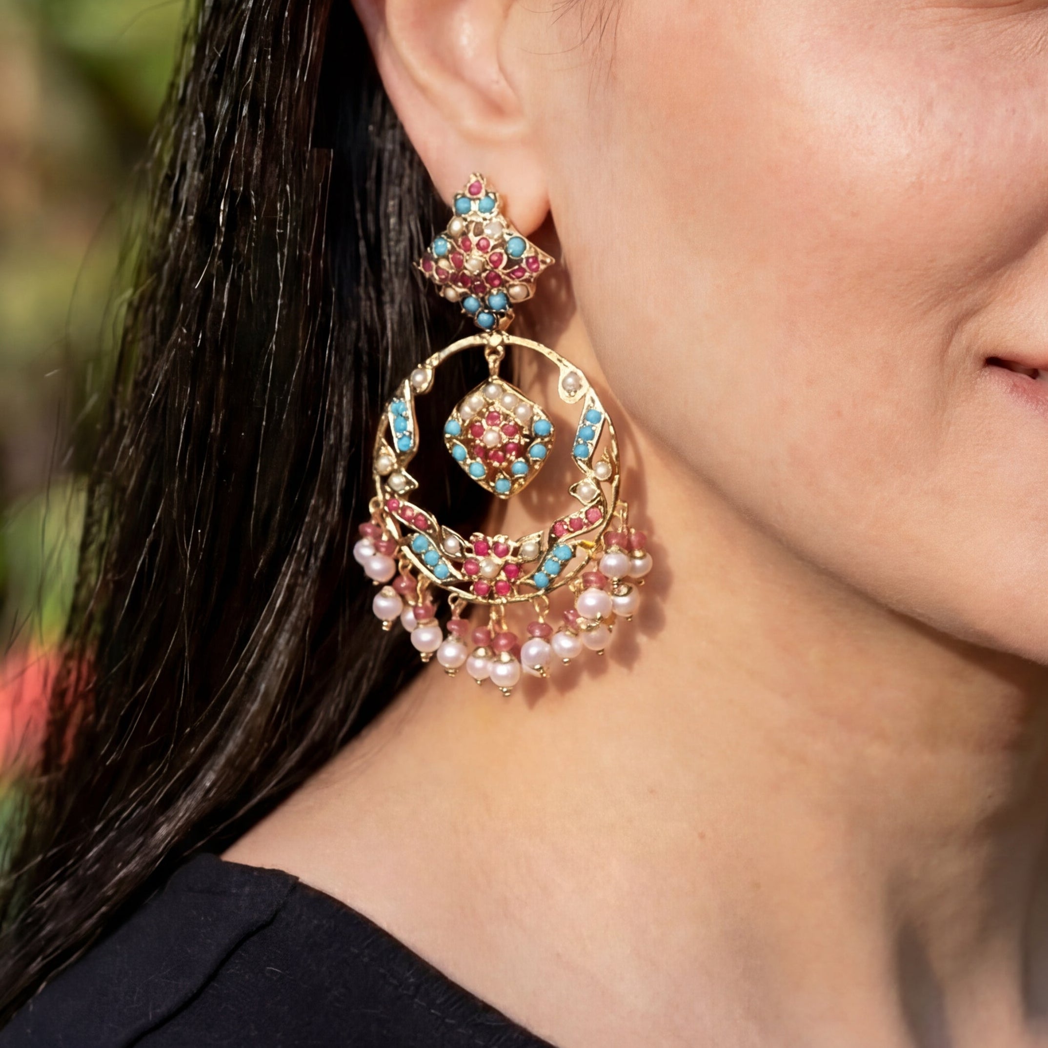 Gold Plated Hyderabadi Earrings Online | Jadau Chandbali Earrings on 925 Silver ER 311