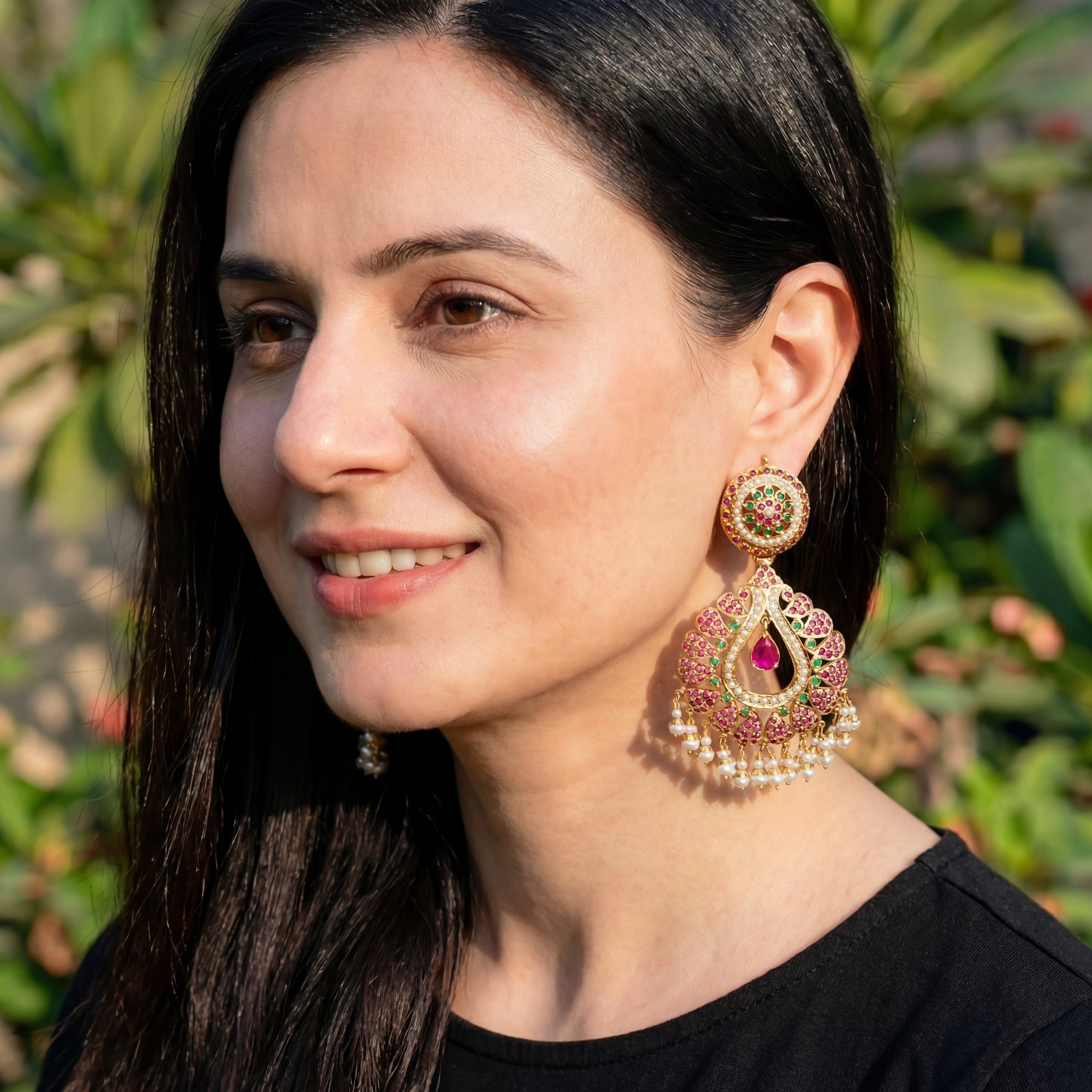 Ruby Emerald Pearl Chandbali | Gold Plated ER 435