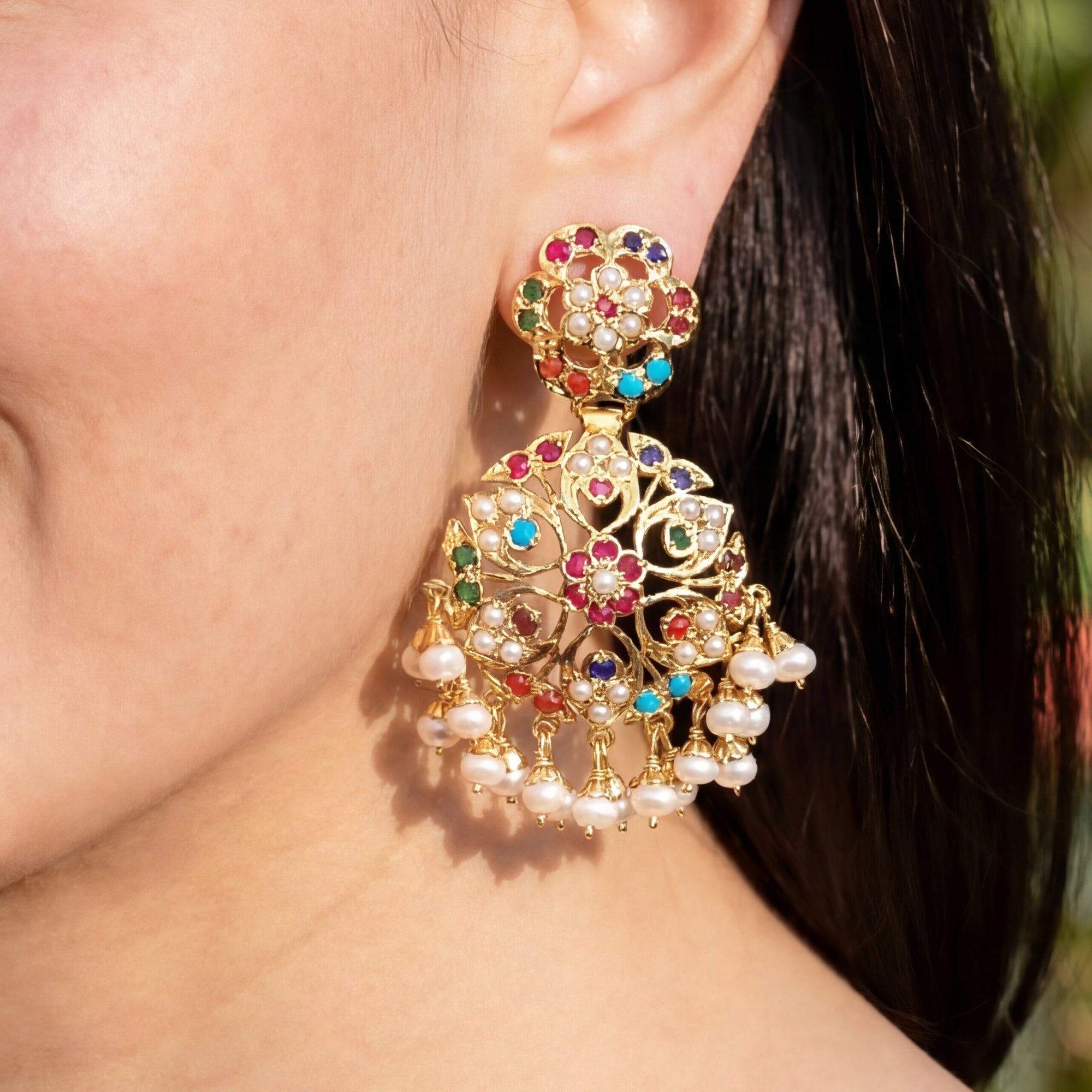 Navaratna Earrings on Silver | Heritage Indian Jewelry | Freshwater Pearls ER 131