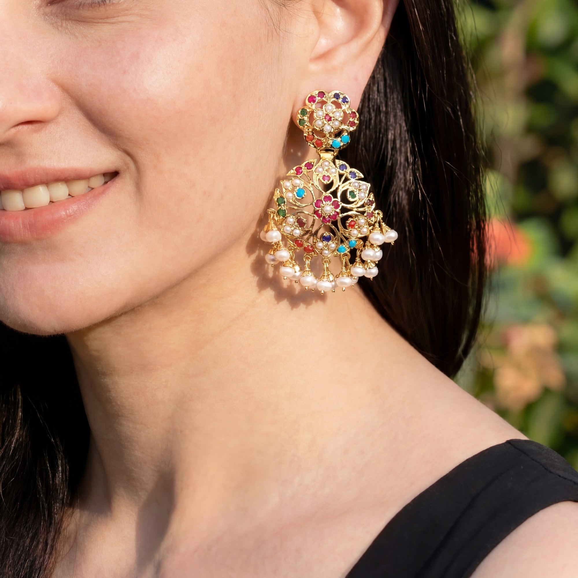 Navaratna Earrings on Silver | Heritage Indian Jewelry | Freshwater Pearls ER 131