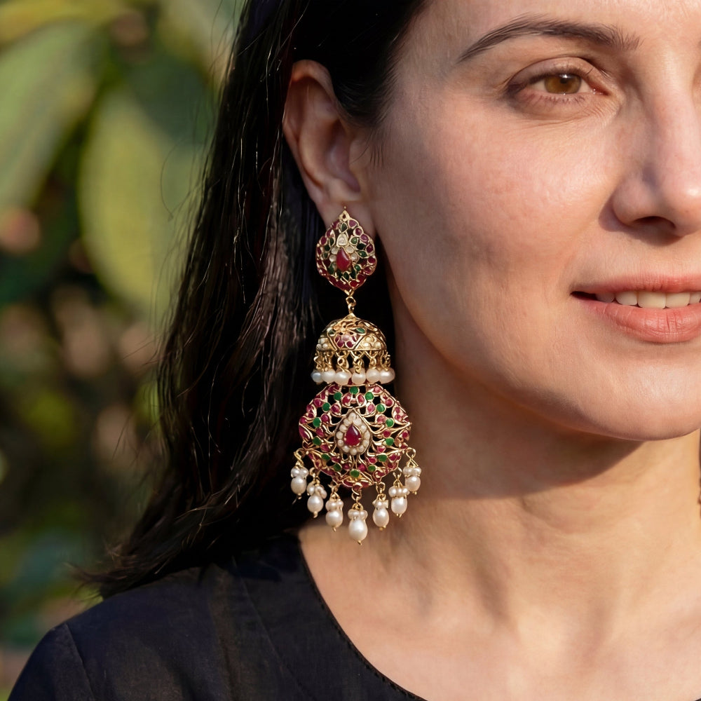Tall Jadau Jhumka Earrings | Long Gold Plated Silver Danglers | Fashion Earrings ER 021