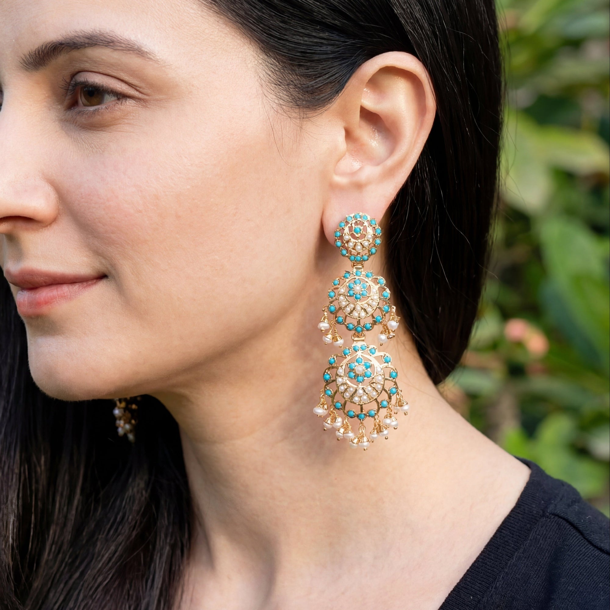 Tall Firoza Danglers | Gold Plated Turquoise Earrings ER 486