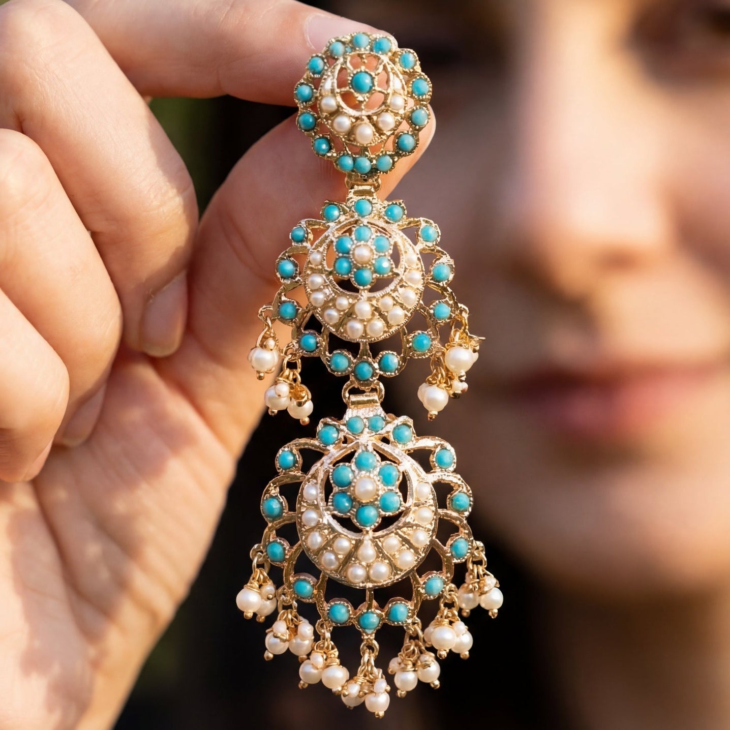 Tall Firoza Danglers | Gold Plated Turquoise Earrings ER 486
