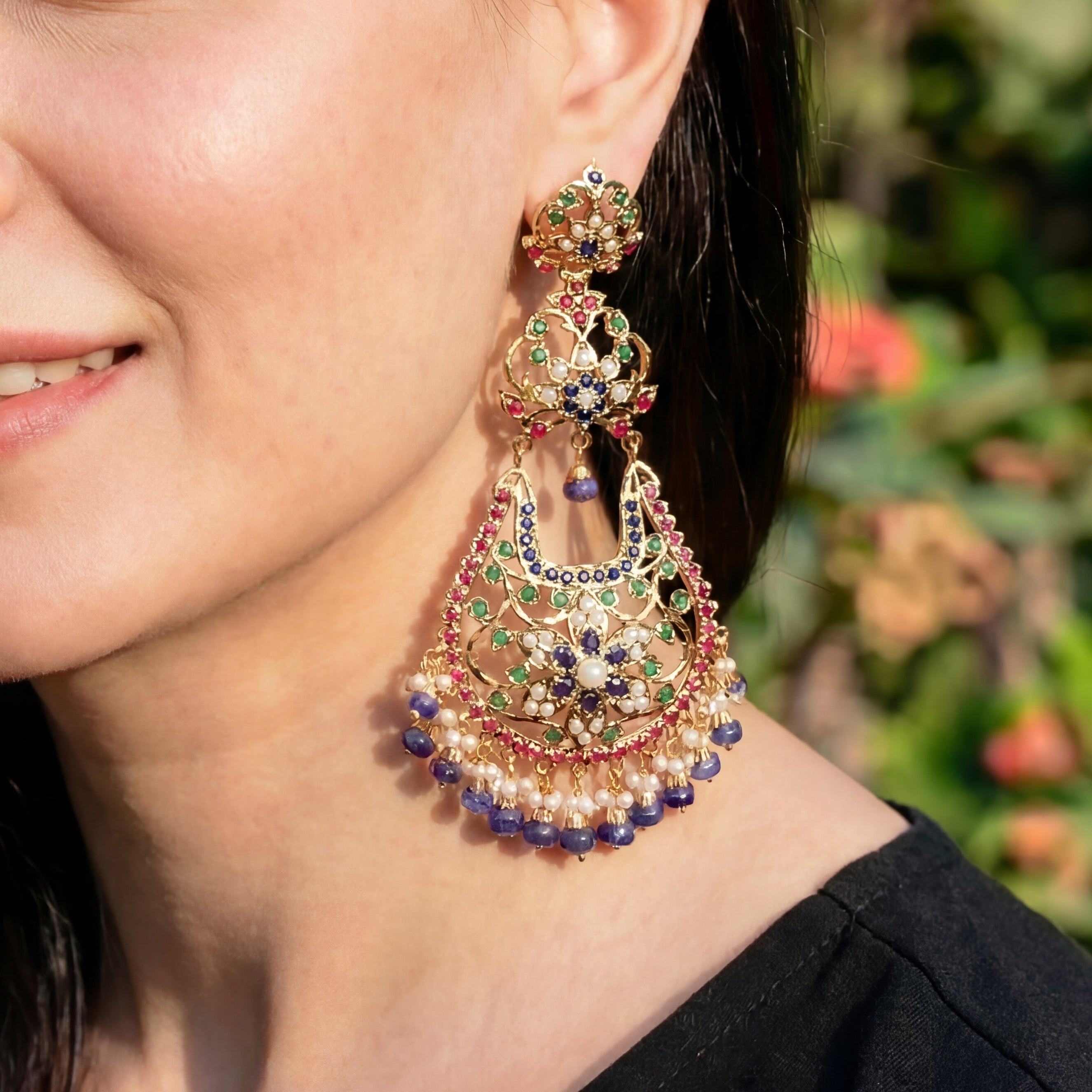 Gold Plated Chandelier Earrings | Multicolored Jadau Jewelry ER 599