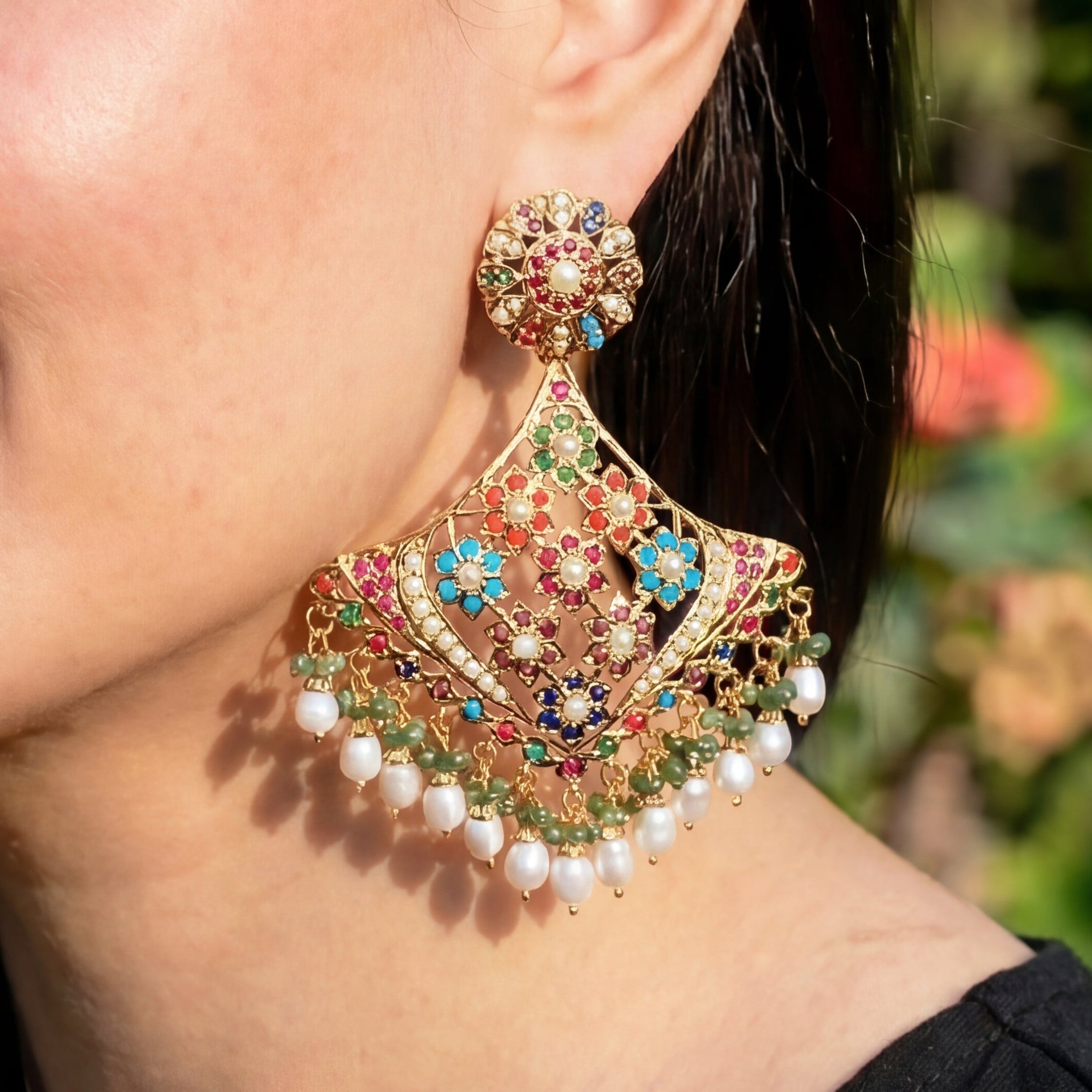 Indian Silver Jewelry Online | Statement Navaratna Earrings | For Women ER 422