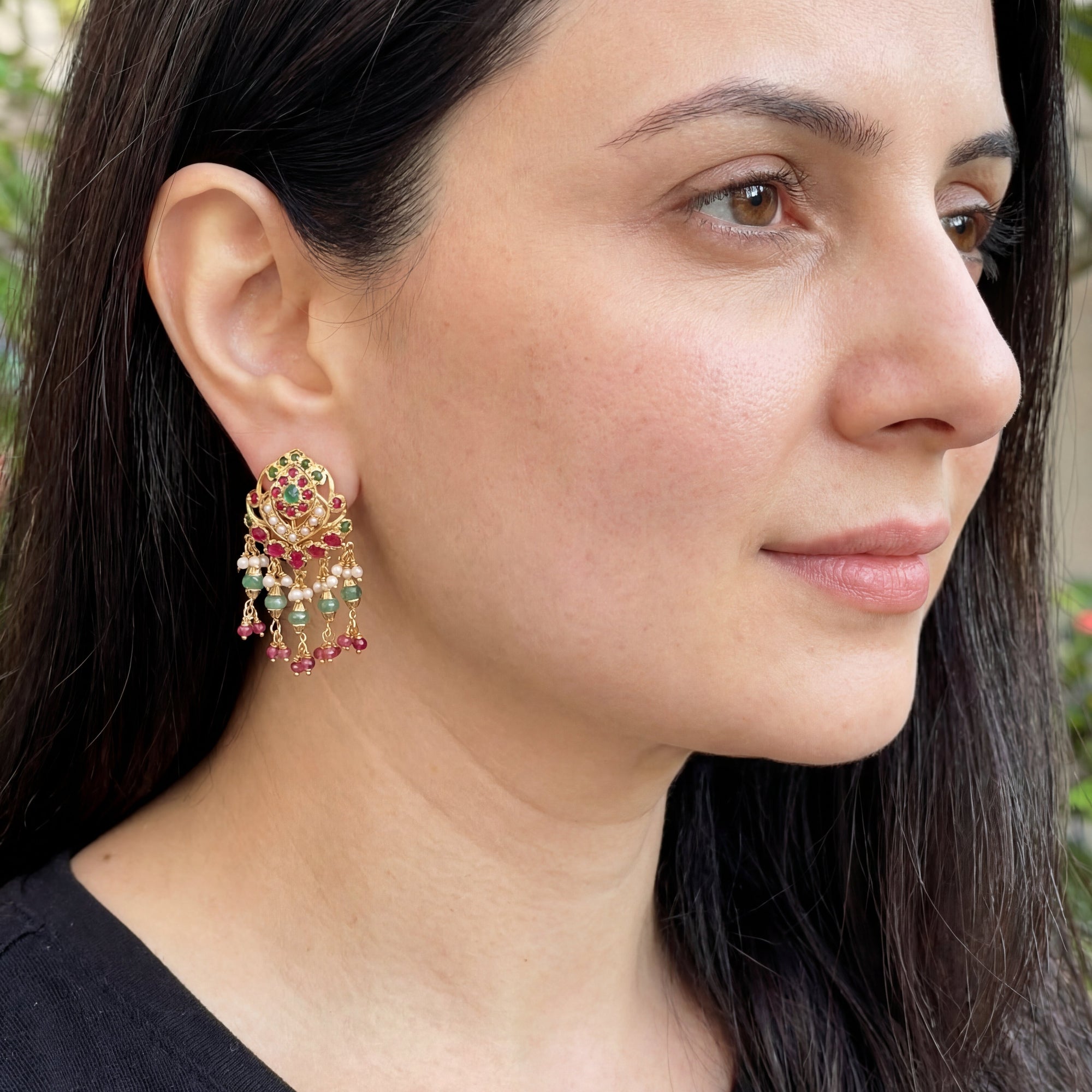 Jadau Tops on Silver | Ruby Emerald Pearl Earrings | For Women ER 371