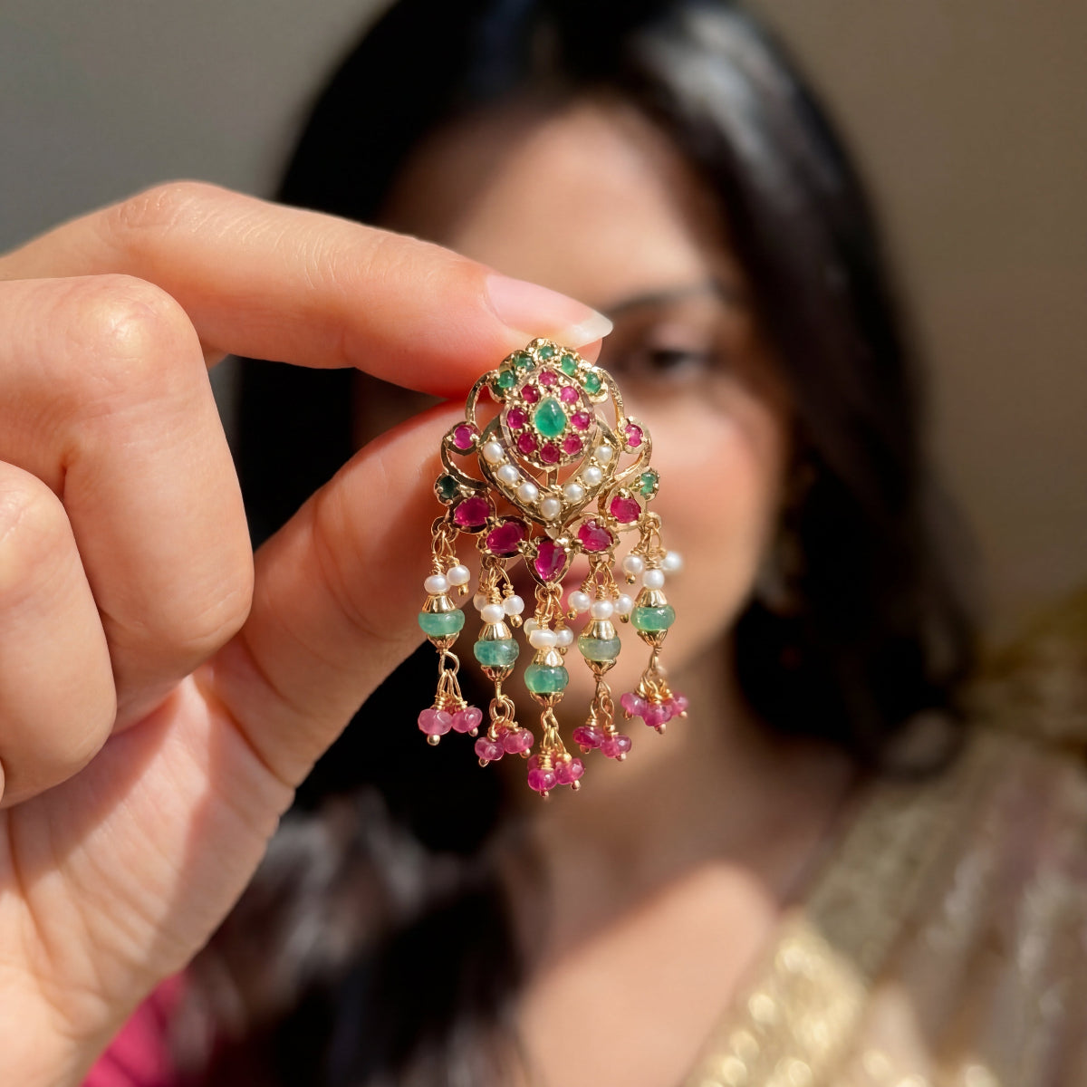 Jadau Tops on Silver | Ruby Emerald Pearl Earrings | For Women ER 371