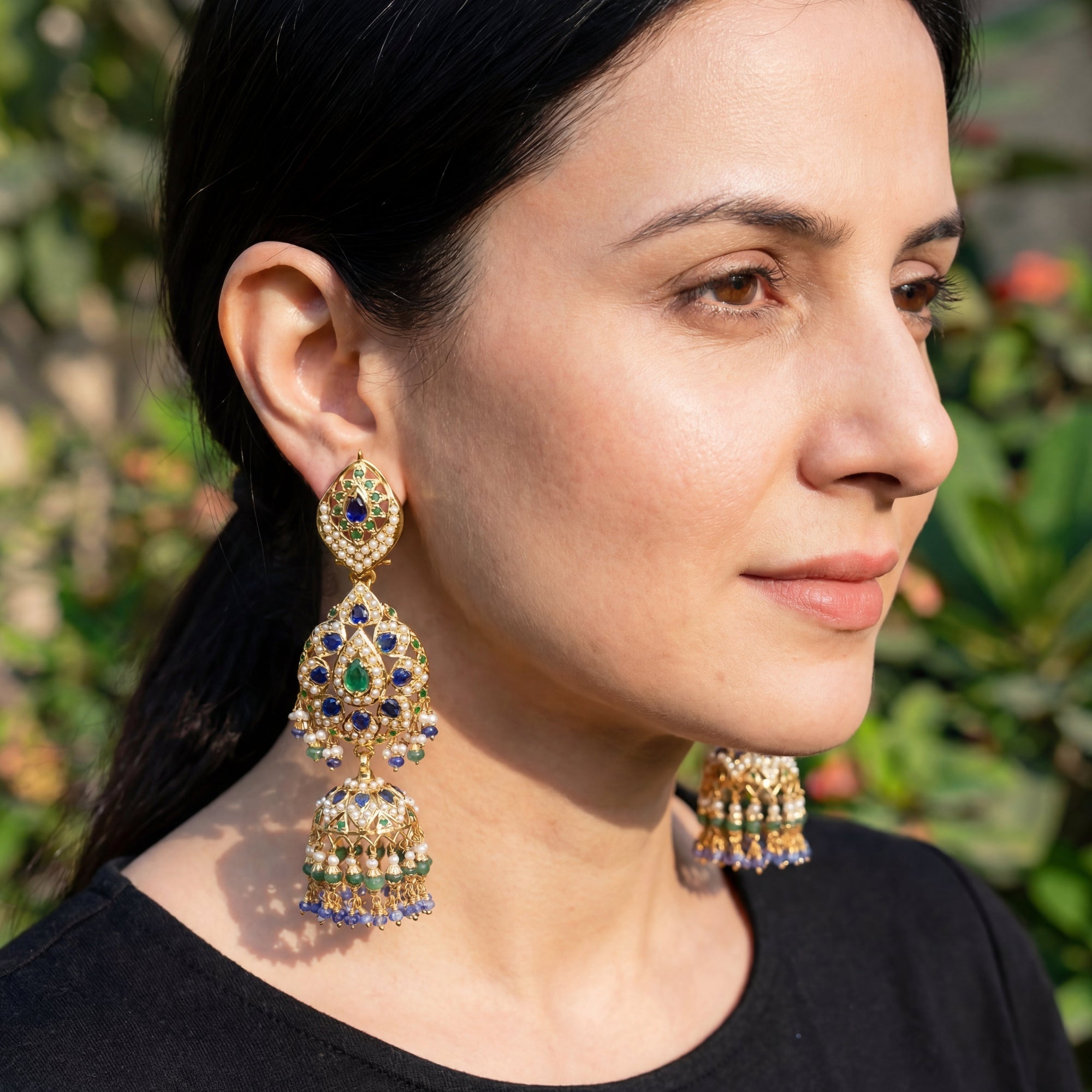 Bridal Wear Jhumka Earrings | Emerald Sapphire Combination | Gold Plated ER 335