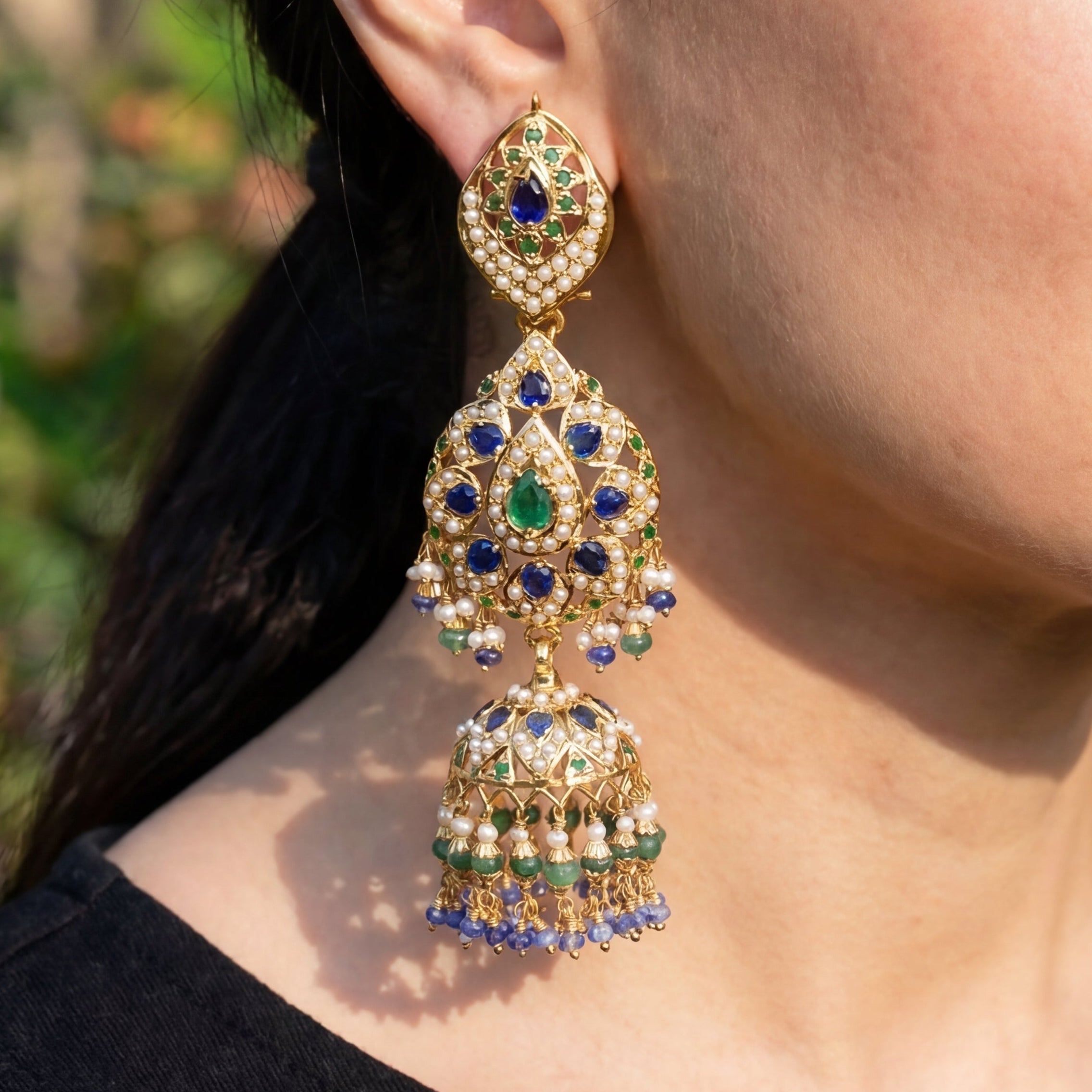 Bridal Wear Jhumka Earrings | Emerald Sapphire Combination | Gold Plated ER 335