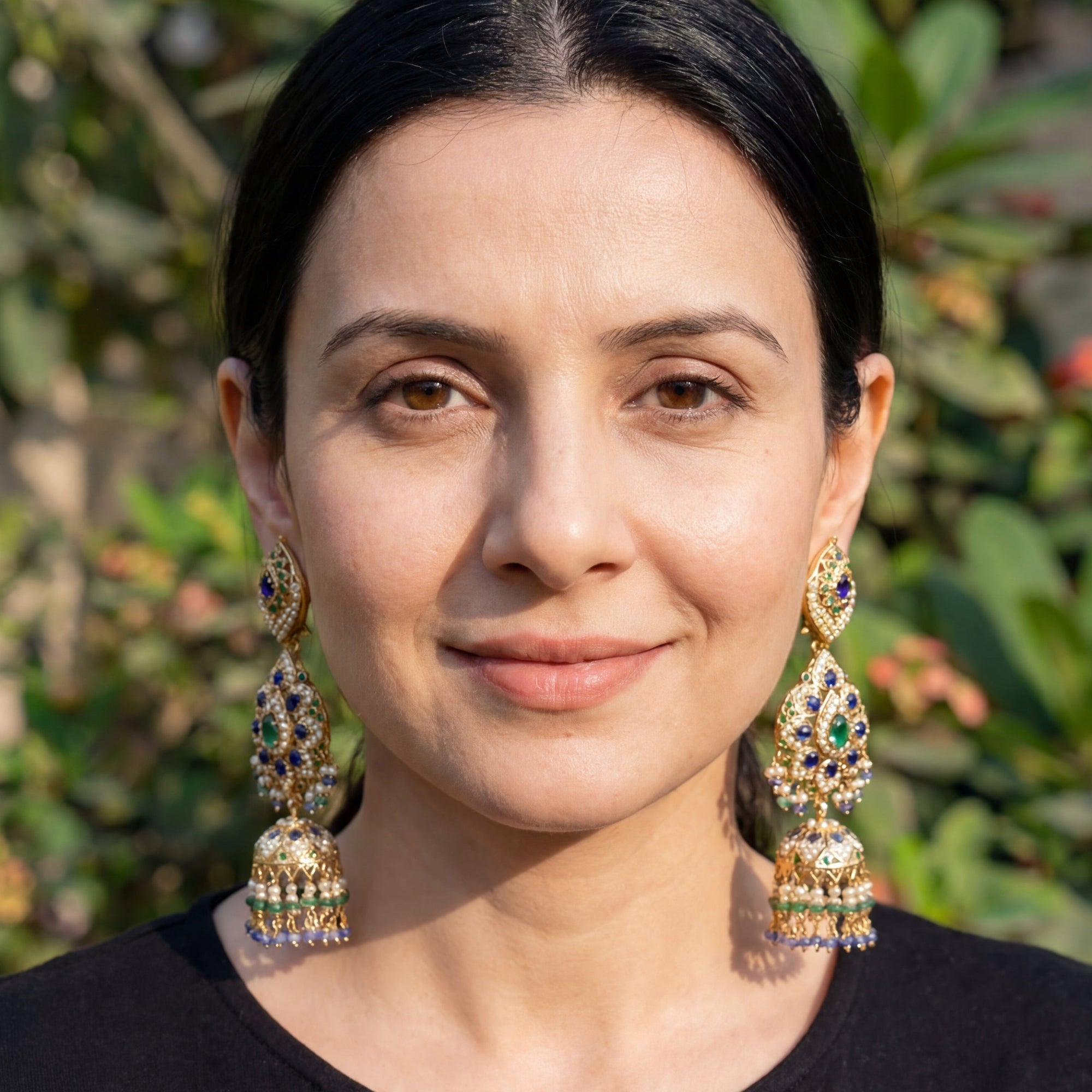 Bridal Wear Jhumka Earrings | Emerald Sapphire Combination | Gold Plated ER 335