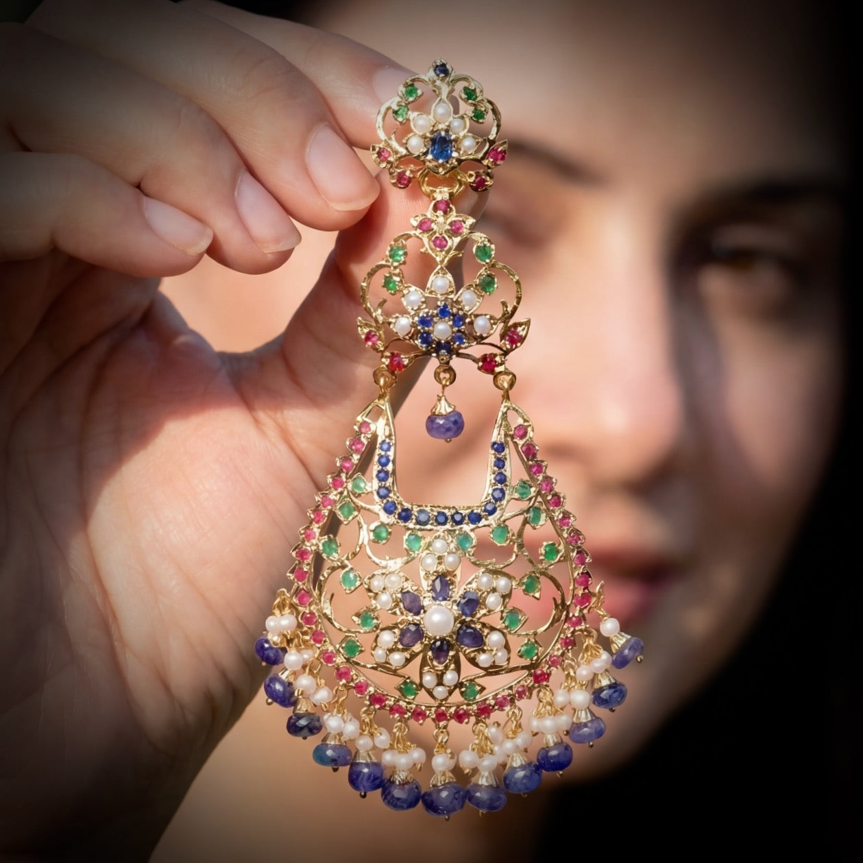 Gold Plated Chandelier Earrings | Multicolored Jadau Jewelry ER 599
